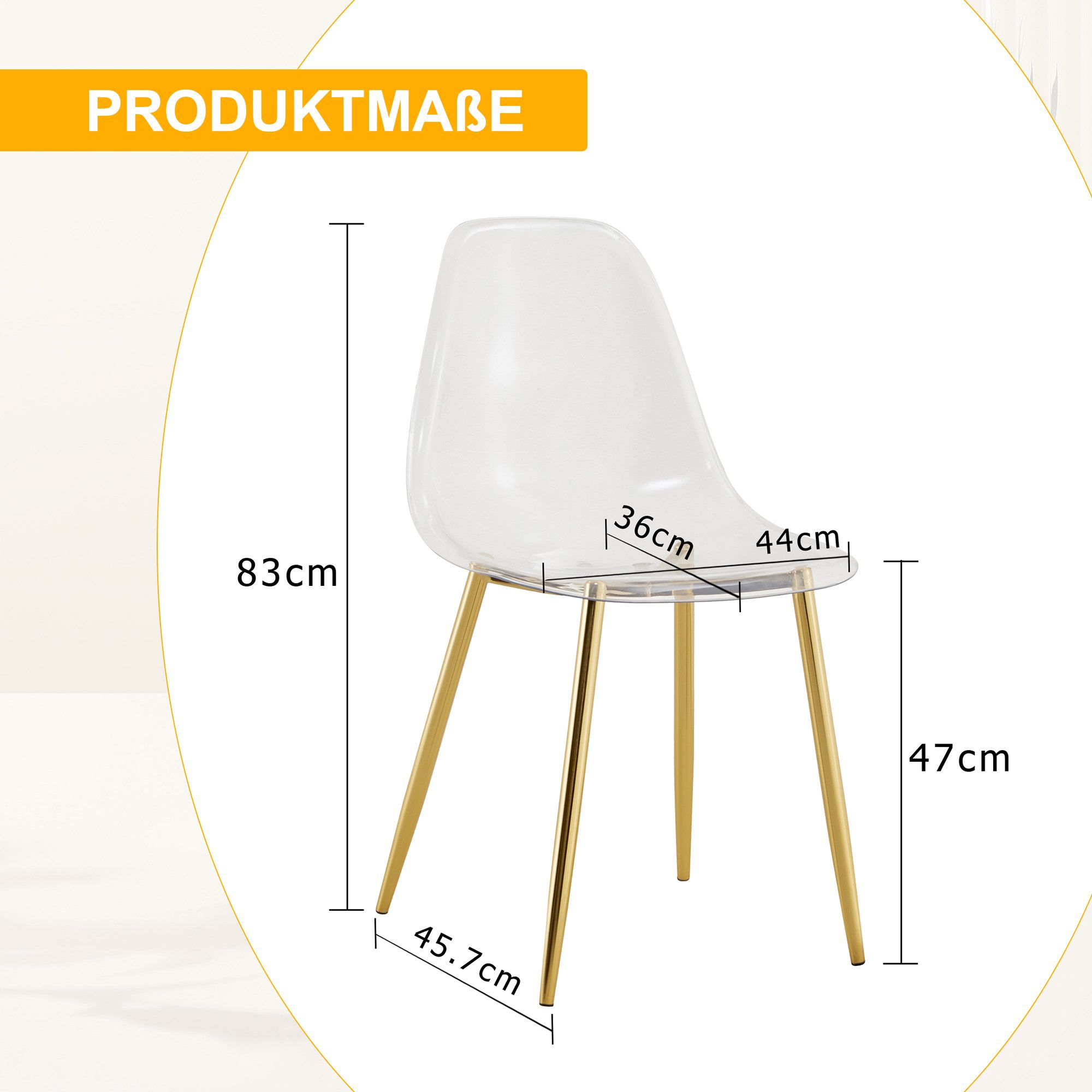 JUFU Stuhl 4er-Set, moderner Esszimmerstuhl mit transparentem Acryl-Sitz (4 St), Küchenstuhl, Stabile Metallbeine in Schwarz, Gold oder Silber
