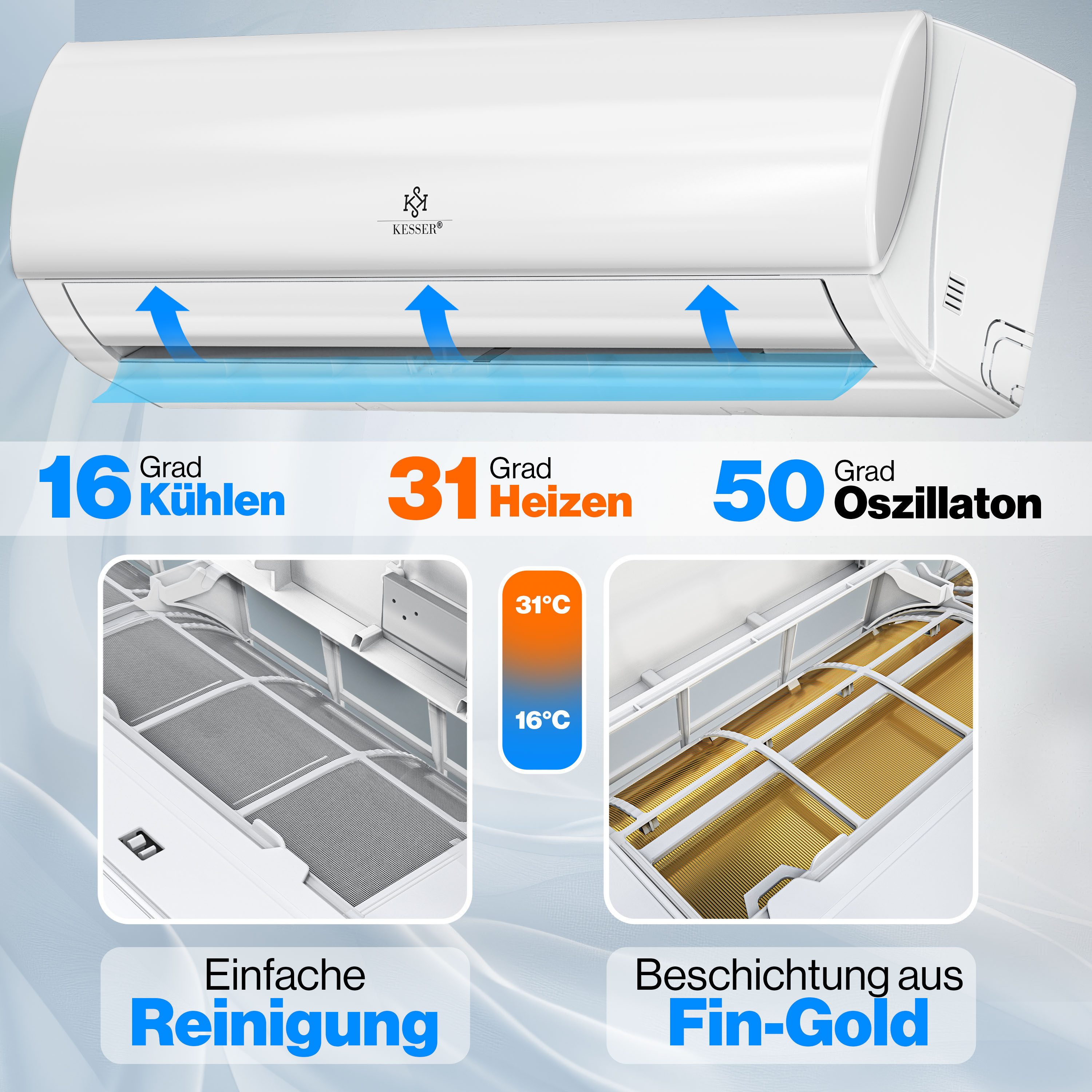 KESSER Split-Klimagerät Set Quick Connect Split Klimaanlage 9000 BTU Kühlen & Heizen 2,6kW R32, mit WiFi & App Funktion, Fernbedienung, Timer, inkl. Montagematerial