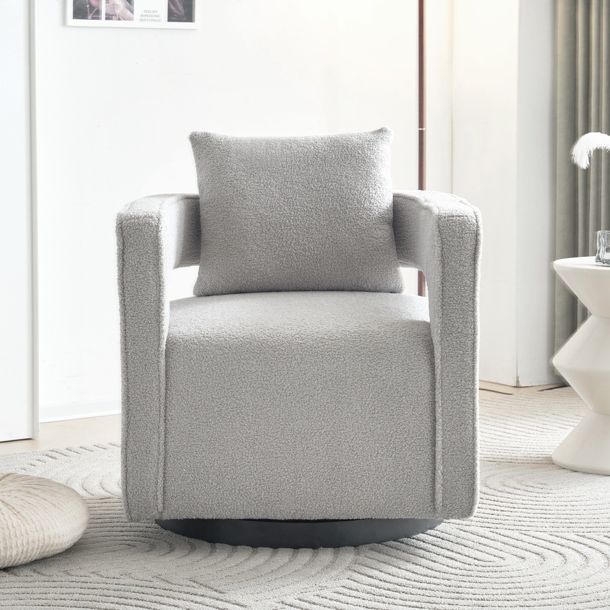 Merax Drehsessel mit Rückenkissen, Einzelsessel Loungesessel aus Bouclé-Stoff, Grau Einzelsofa Drehfunktion, mit 360° Polstersessel