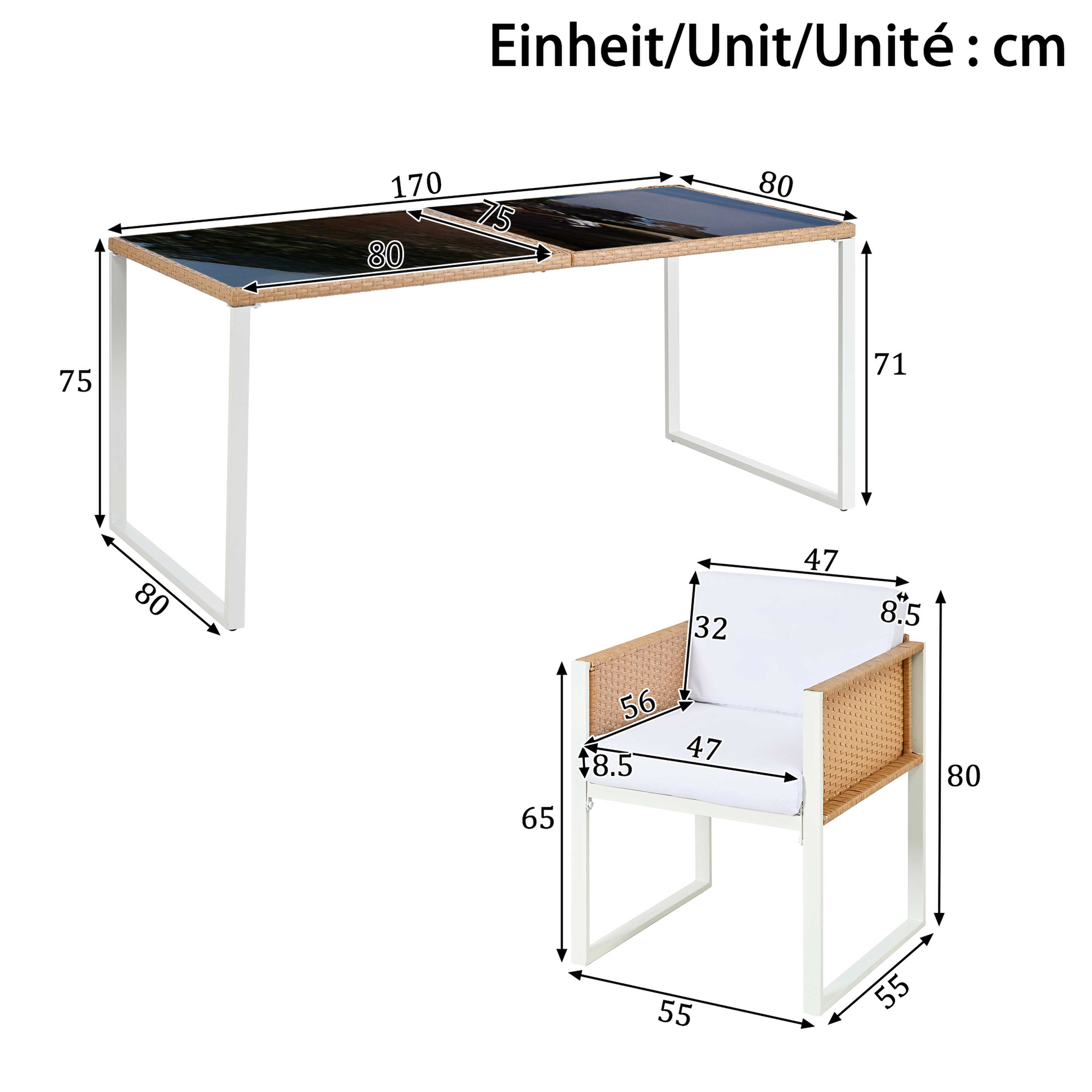 BlingBin Gartenlounge-Set Polyrattan Garten Essgruppe 7-tlg. (6 Stühle + Tisch 170x80), (1-tlg., wetterfestes Rattanmöbel-Set mit 8,5 cm Sitzkissen, Glasplatte), abziehbaren waschbaren Bezügen & verstellbaren Füßen