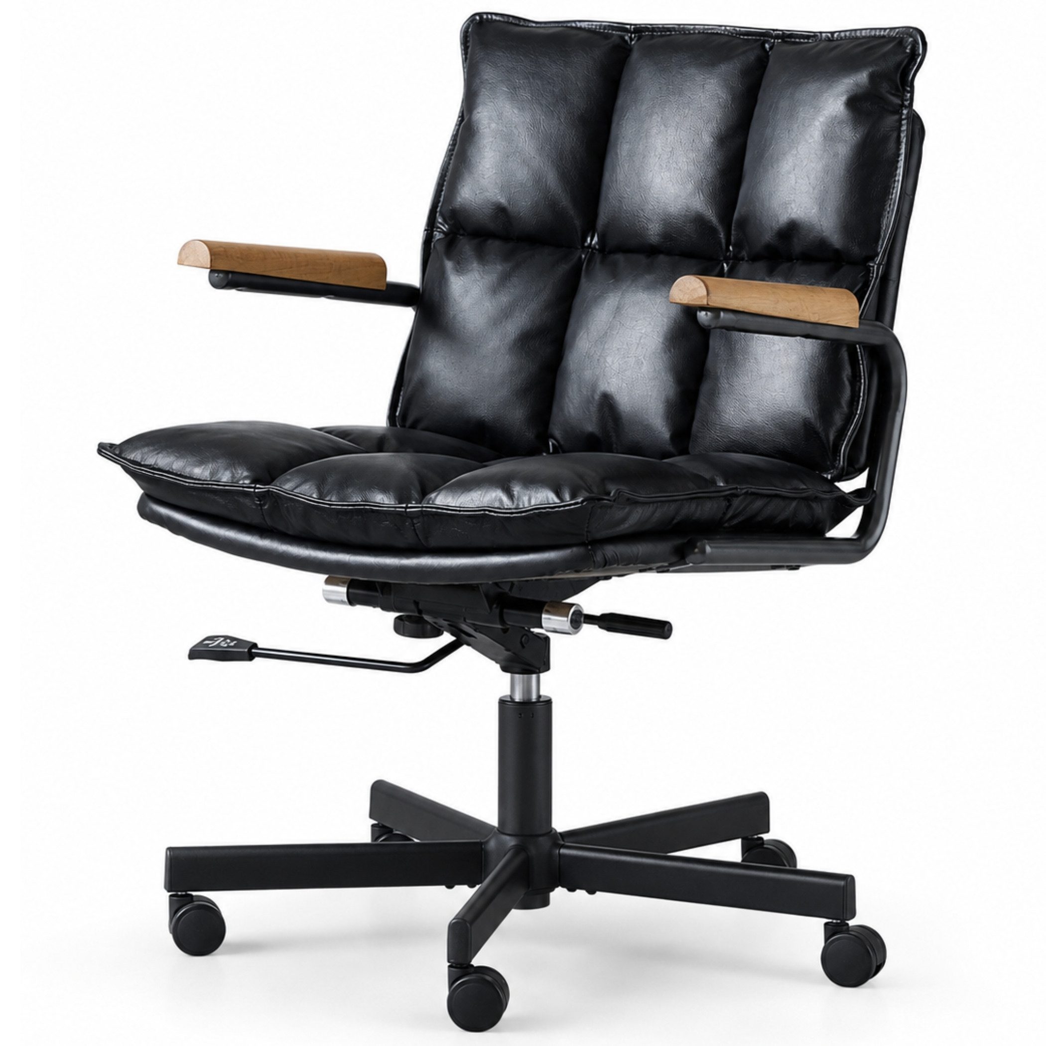 SeedWave Bürostuhl Höhenverstellbarer Drehstuhl mit Eichenholz-Armlehnen, 136kg belastbar, Industrial Design, Echtleder Schreibtischstuhl mit Wippfunktion