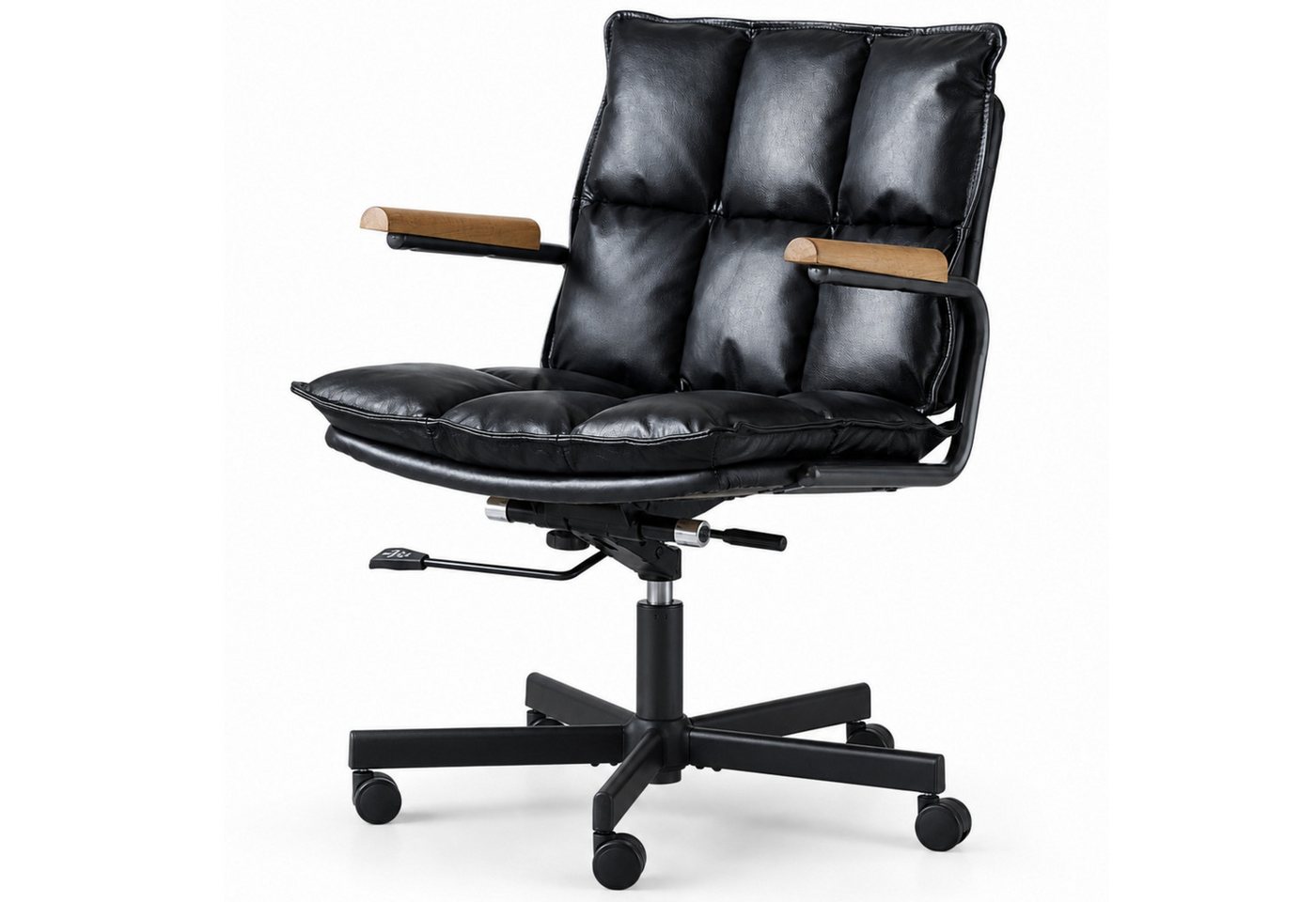 SeedWave Bürostuhl Höhenverstellbarer Drehstuhl mit Eichenholz-Armlehnen, 136kg belastbar, Industrial Design, Echtleder Schreibtischstuhl mit Wippfunktion