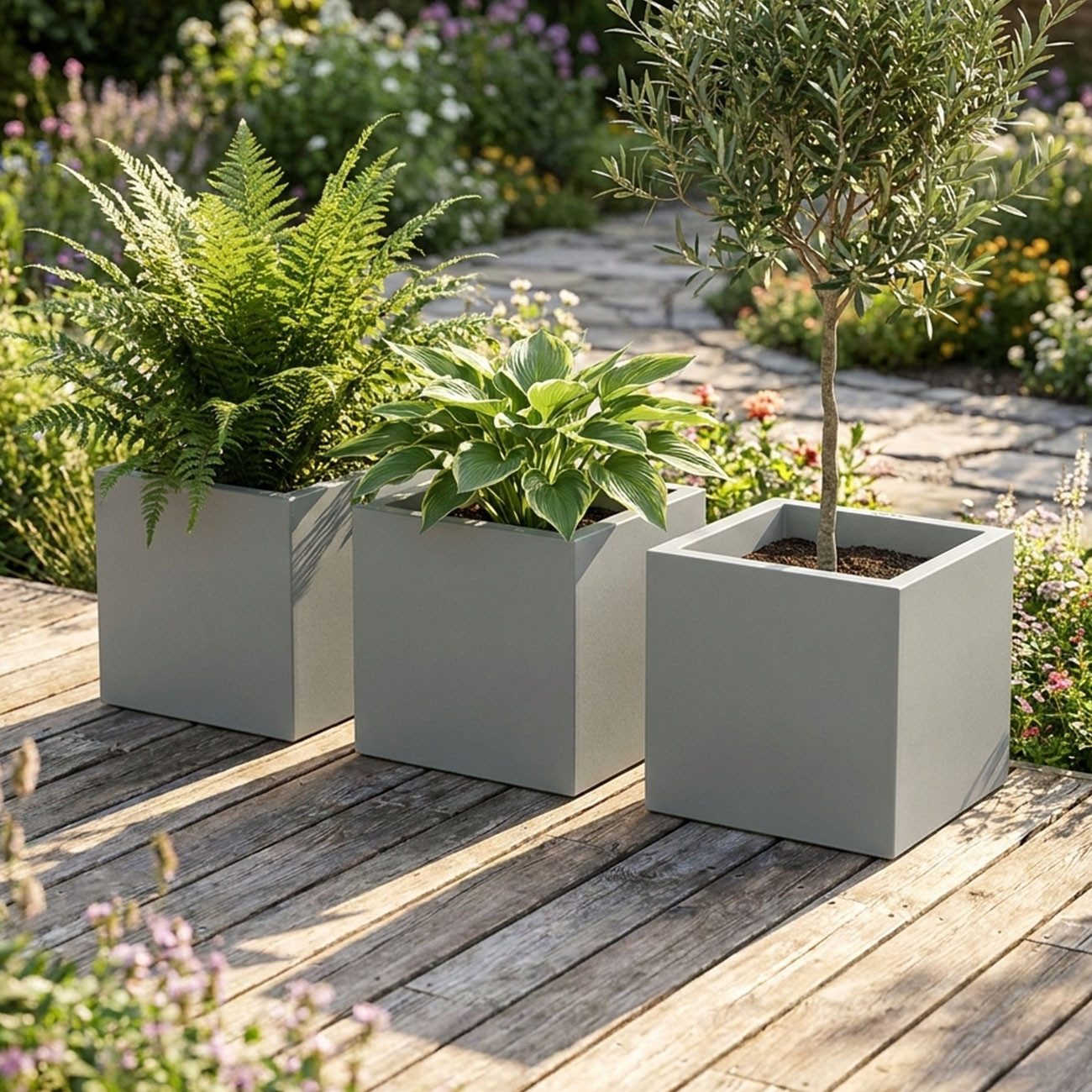 Prosperplast Blumentopf Pflanzkasten Quadratisch 47cm Beton-Grau 51L Kunststoff frostsicher (3 St), Moderner, quadratischer 51L Pflanzkübel – UV-beständig