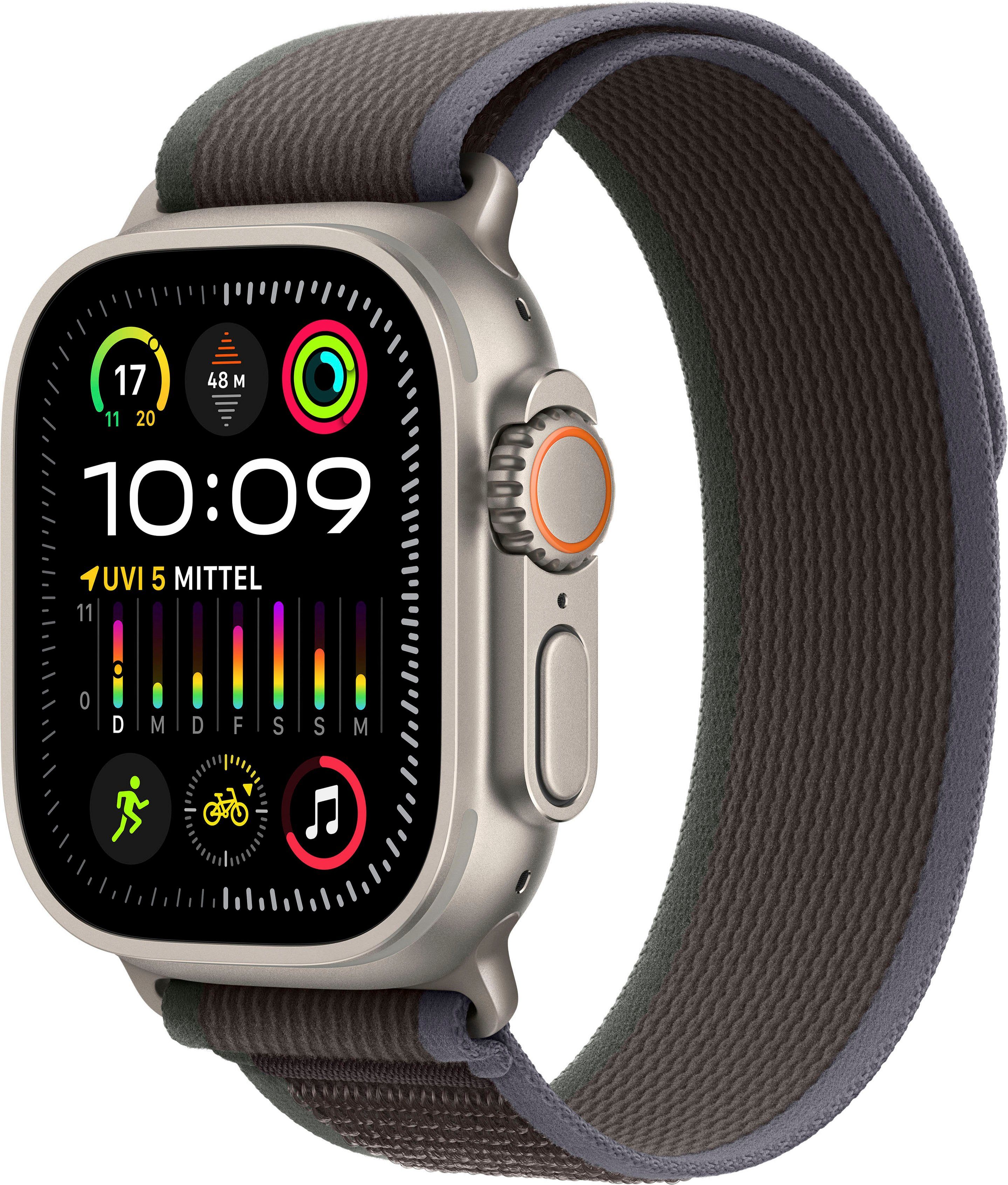 Apple Watch Ultra 2 GPS 49 mm + Cellular Titanium M/L Smartwatch (4,9 cm/1,92 Zoll, Watch OS 10), Trail Loop Titanium/Blue/Black
