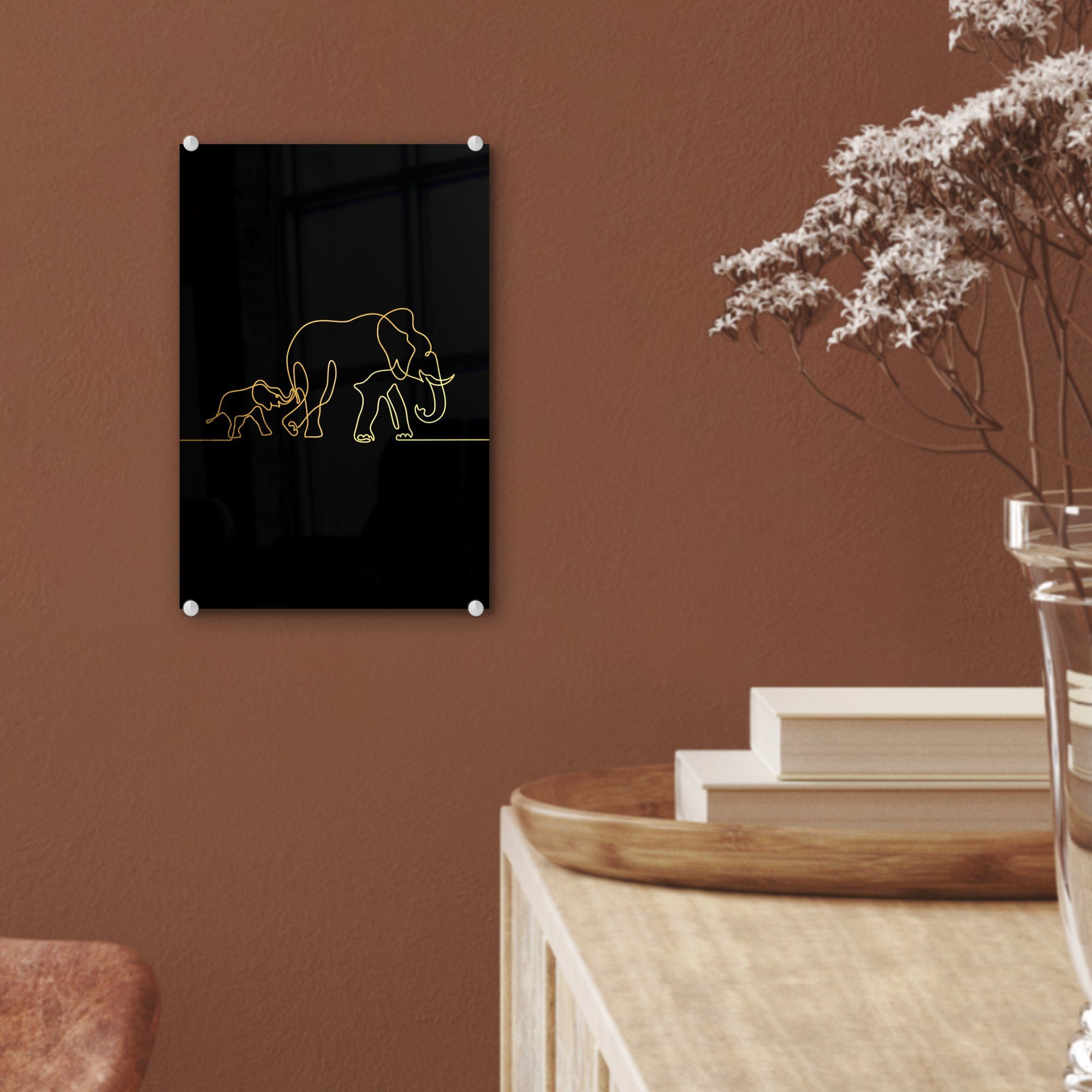 MuchoWow Acrylglasbild Elefant - Foto Wanddekoration - (1 Einfach Glas Schwarz, Glasbilder Glas - St), - - Bilder Gold - auf auf Wandbild