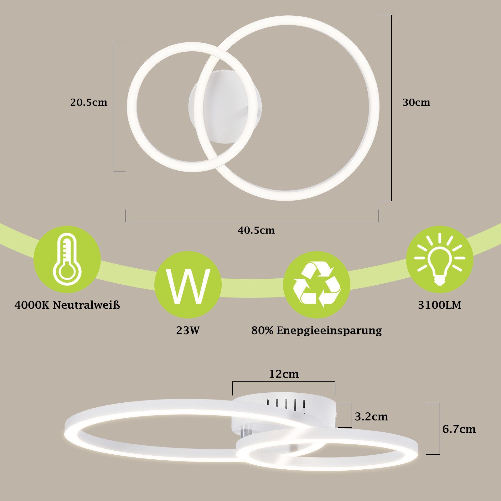 Nettlife LED Deckenleuchte Wohnzimmer 2 Ringe Schwarz/Weiß/Silber Modern 23W Deckenlampe 40.5CM, Nicht dimmbar, LED fest integriert, Warmweiß, für Wohnzimmer Sc – Bild 3 von 5
