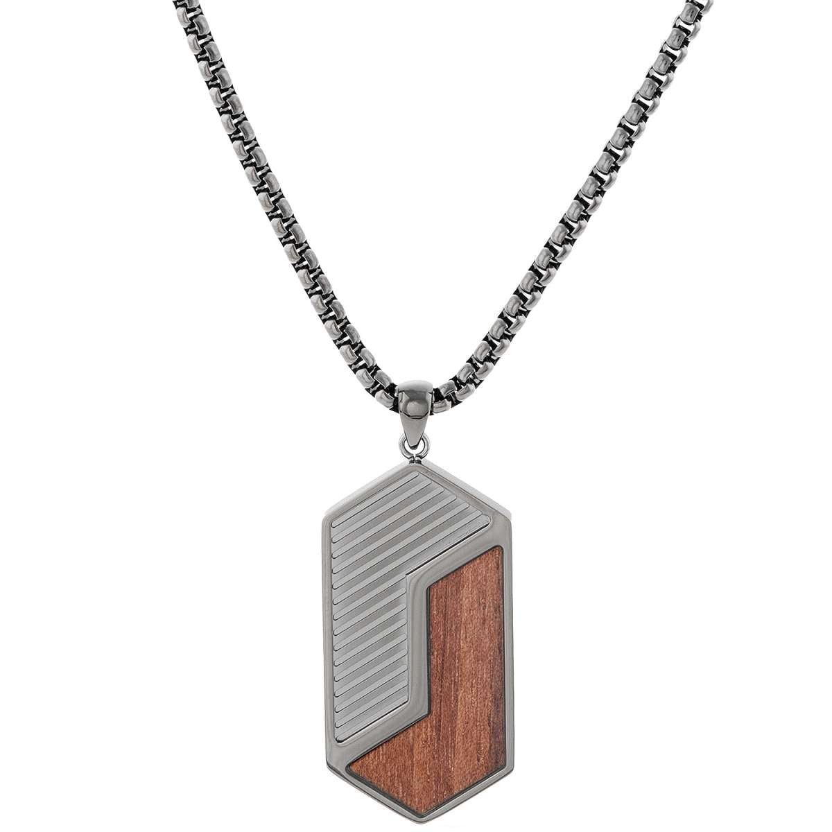 Holzkern Kette mit Anhänger 9010631014599, für Herren Edelstahl Zigzag Walnuss/Dunkelgrau
