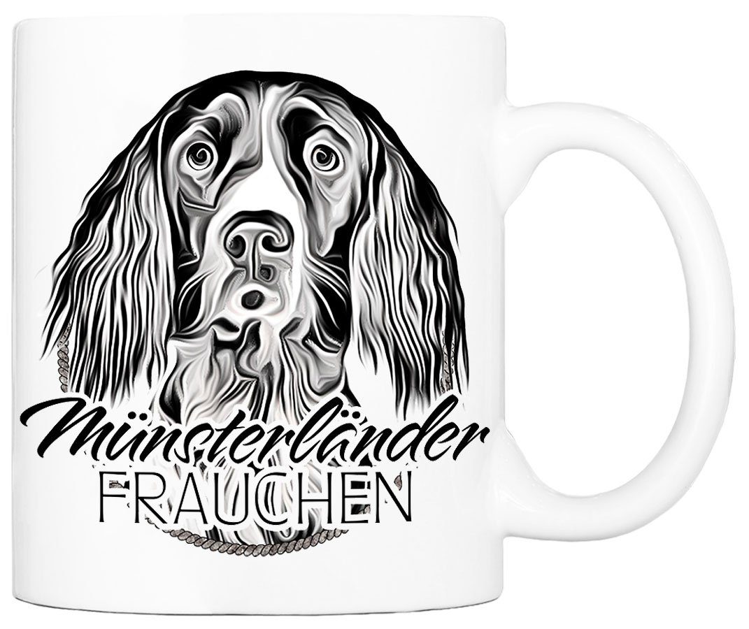 Cadouri Tasse MÜNSTERLÄNDER FRAUCHEN - Kaffeetasse für Hundefreunde, Keramik, mit Hunderasse, beidseitig bedruckt, handgefertigt, Geschenk, 330 ml