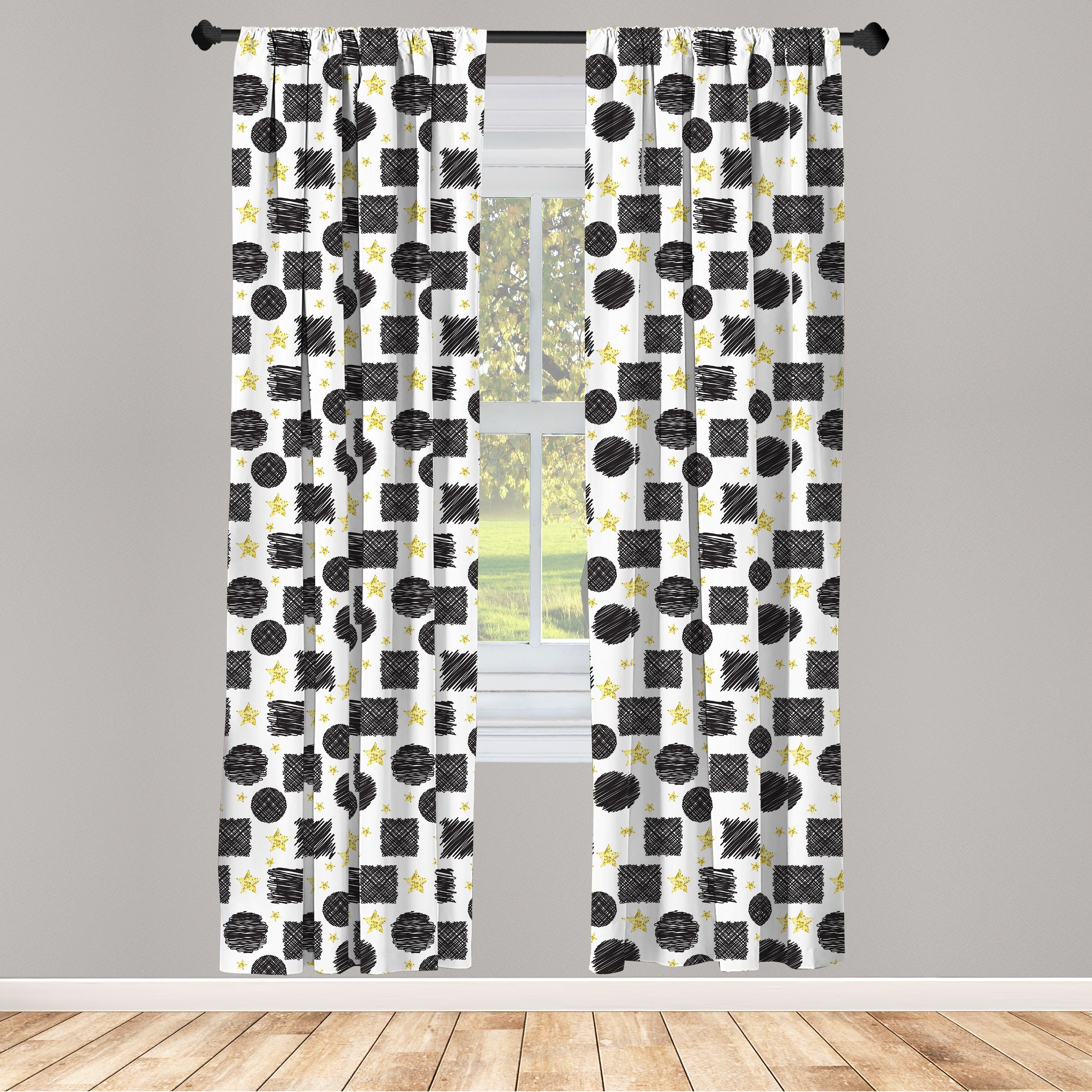 Gardine Vorhang für Wohnzimmer Schlafzimmer Dekor, Abakuhaus, Microfaser, Schwarz und Gelb Scribble Art