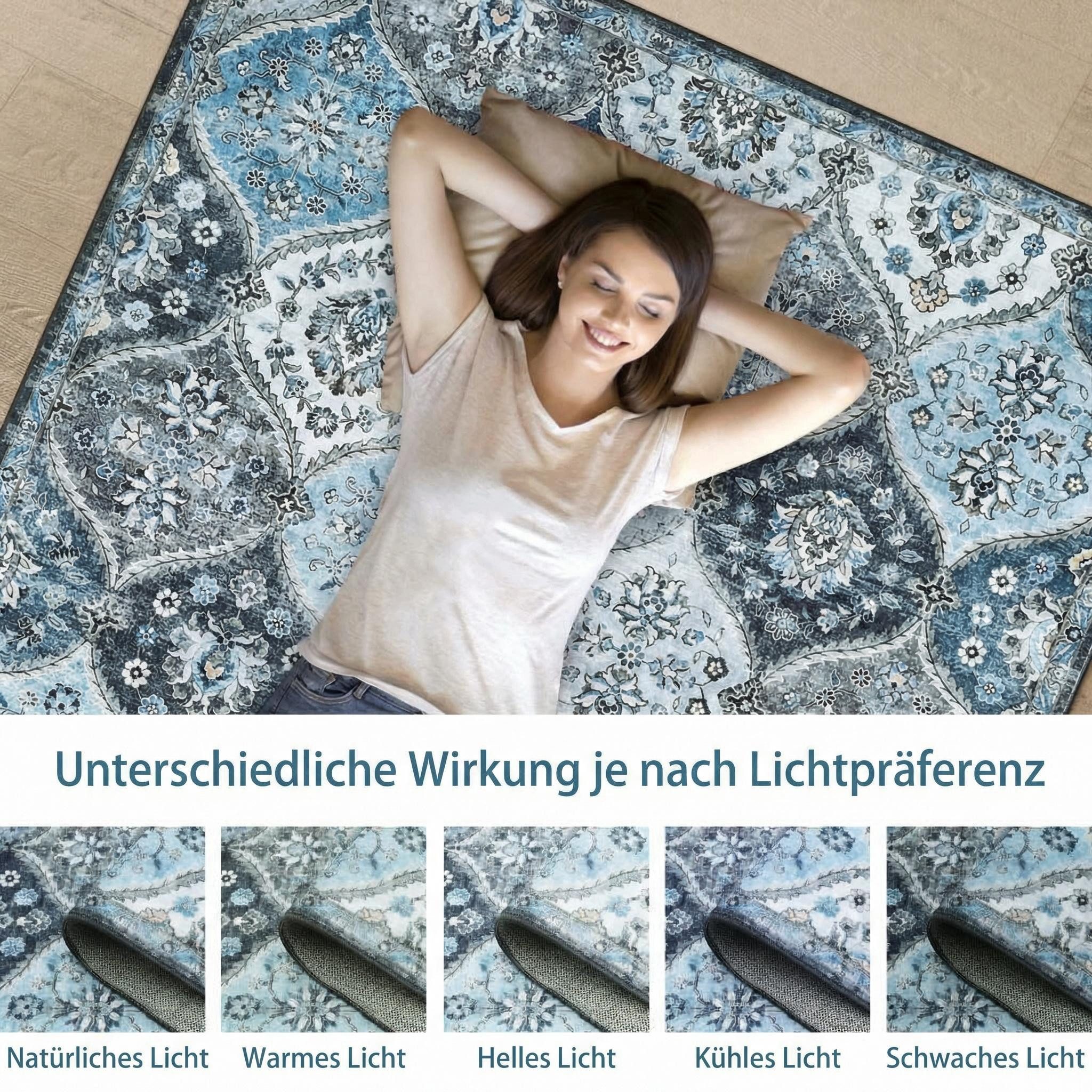 GarveeMore Teppich MosaikBlüte, rechteckig, Höhe: 5 mm, Mix aus Orient-, Boho- und modernem Wohnstil im Light-Luxury-Look