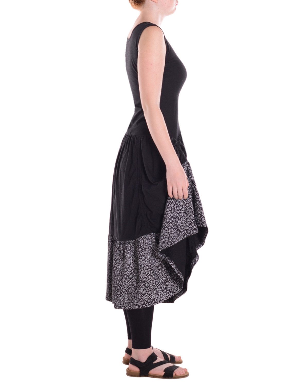 Vishes Jerseykleid Langes handbedrucktes verstellbares Lagenlook Baumwollkleid Alternative Bekleidung, Ethno, Hippie, Retro Style