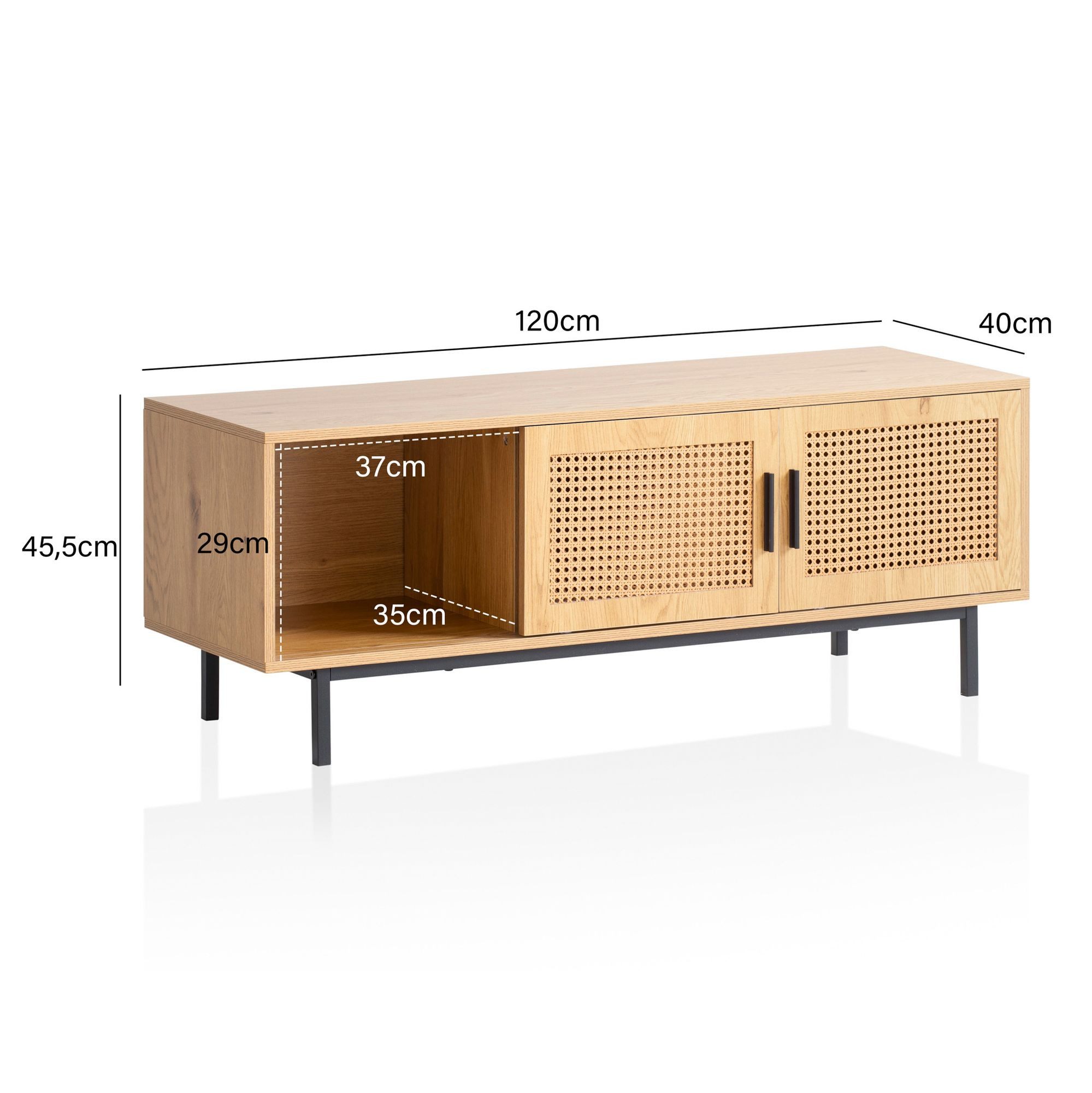 FineBuy Lowboard Eiche-Dekor mit Wiener Geflecht 120x45,5x40 cm TV-Kommode Zeitlos mit Schiebe-Türen, Design TV-Schrank Hoch, Fernsehtisch Fernsehschrank, Ferns – Bild 3 von 5