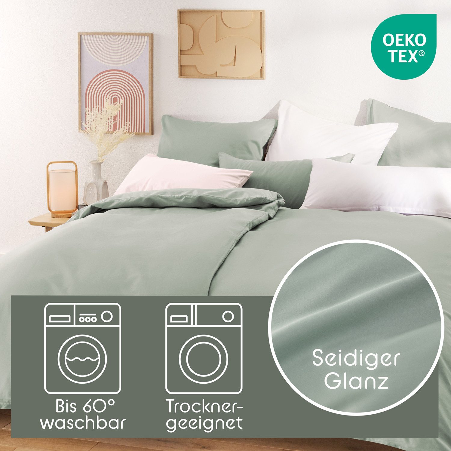 Blumtal Kissenbezüge Premium Mako Satin Kissenbezug, superweich aus 100% Baumwolle, (2 Stück), OEKO-TEX zertifiziert – Glanzoptik & farblich passender Reißverschluss