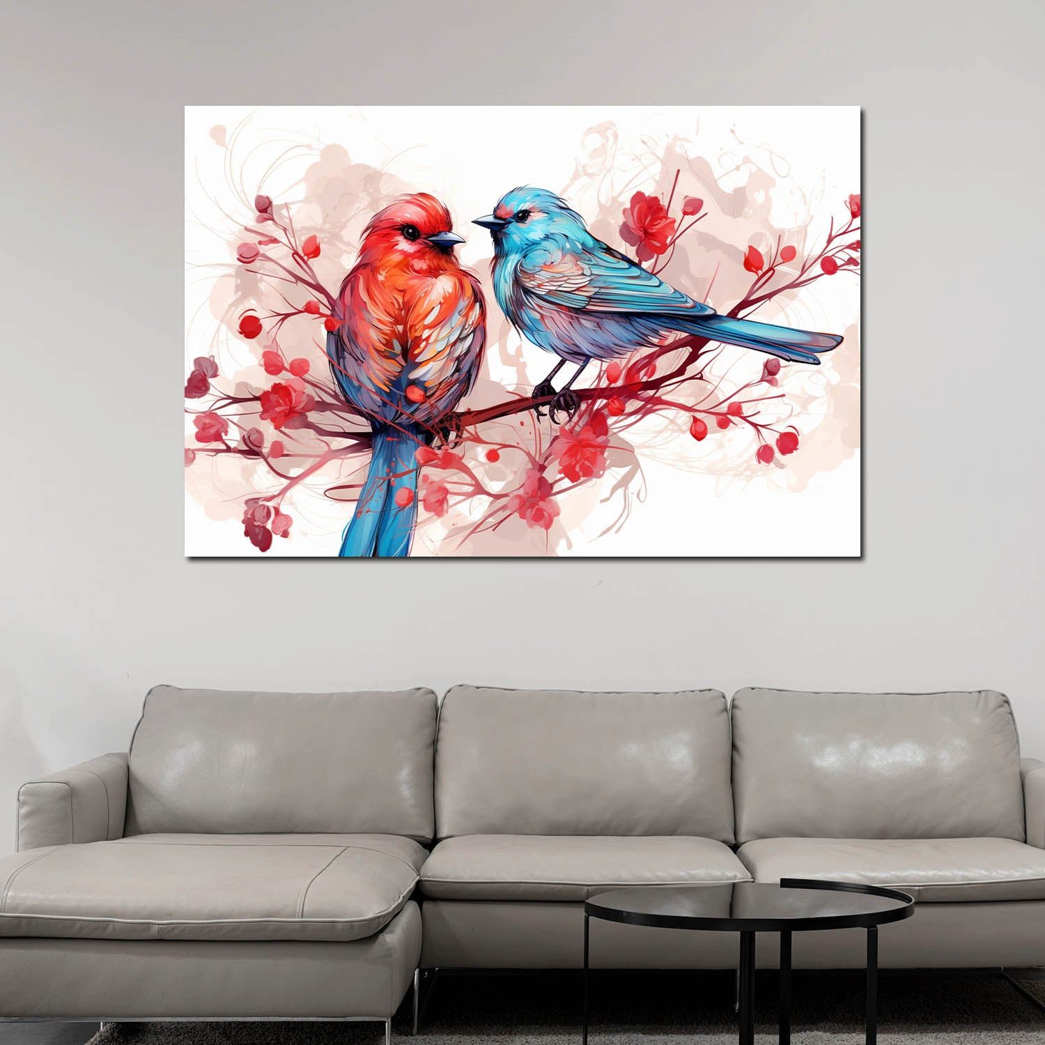 Artedinoi Leinwandbild Zwei Vögel auf Ast rot blau Aquarell Leinwandbild Kunstdruck XL Deko, Vögel auf Ast