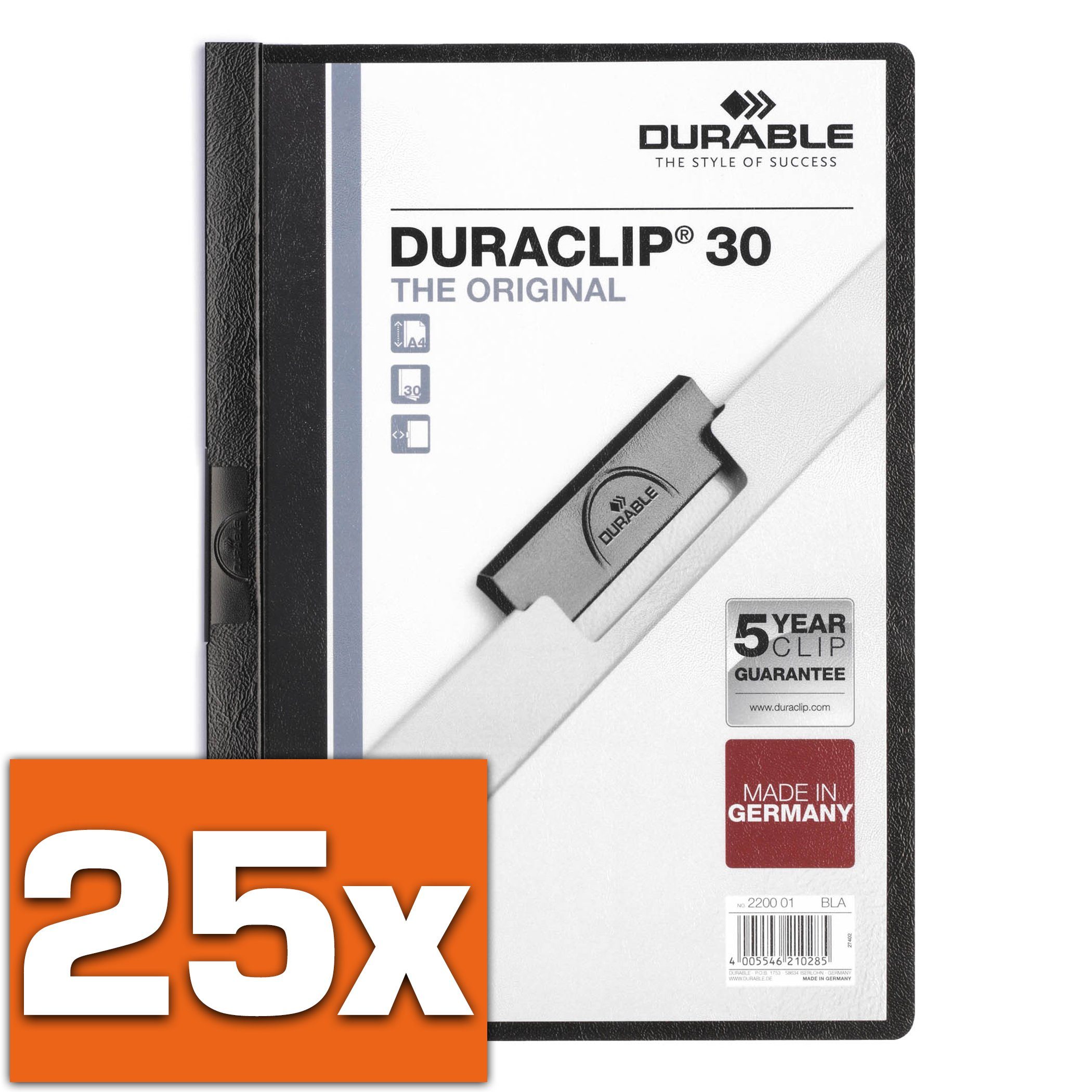 DURABLE Schreibmappe, Durable 220001 Klemm-Mappe, 25 Stück, Duraclip Original 30 (für 1-30 B