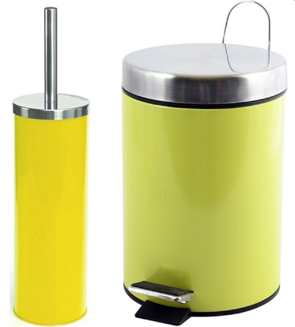 MSV Badaccessoires-Sets MIAMI, Badezimmer Zubehör-Set, 2-tlg., bestehend aus Kosmetik Treteimer 3L und WC Garnitur mit hygienischem Innenbehälter und Deckel, Edelstahl / Metall glänzend, viele knallig-bunte Trendfarben, grün, Kombi-Set