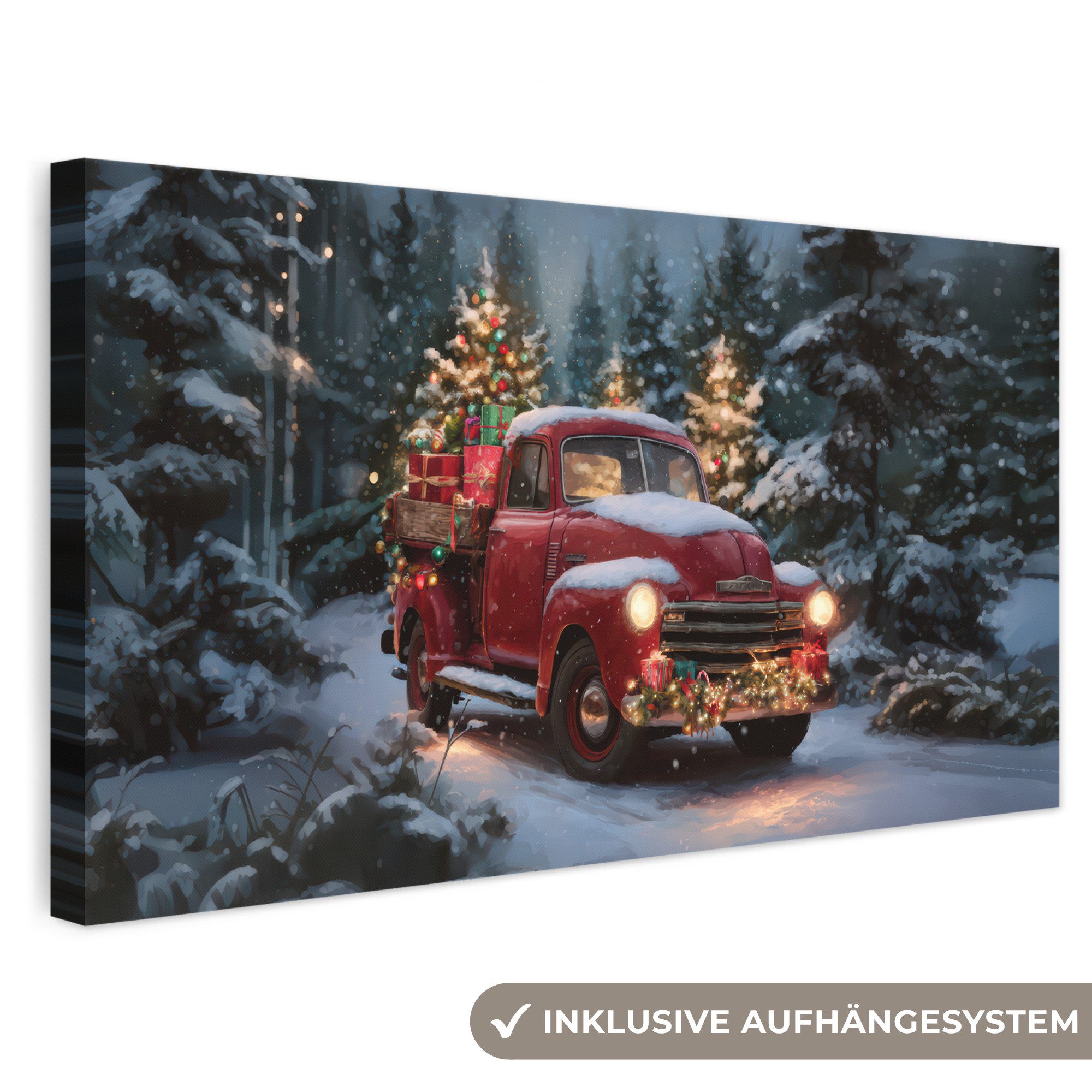 OneMillionCanvasses® Leinwandbild Panorama Weihnachts-LKW - Schneewald - Rot, Fotodruck (1 St), Wandbild, Deko Schlafzimmer Wohnzimmer Flur 40x20 cm