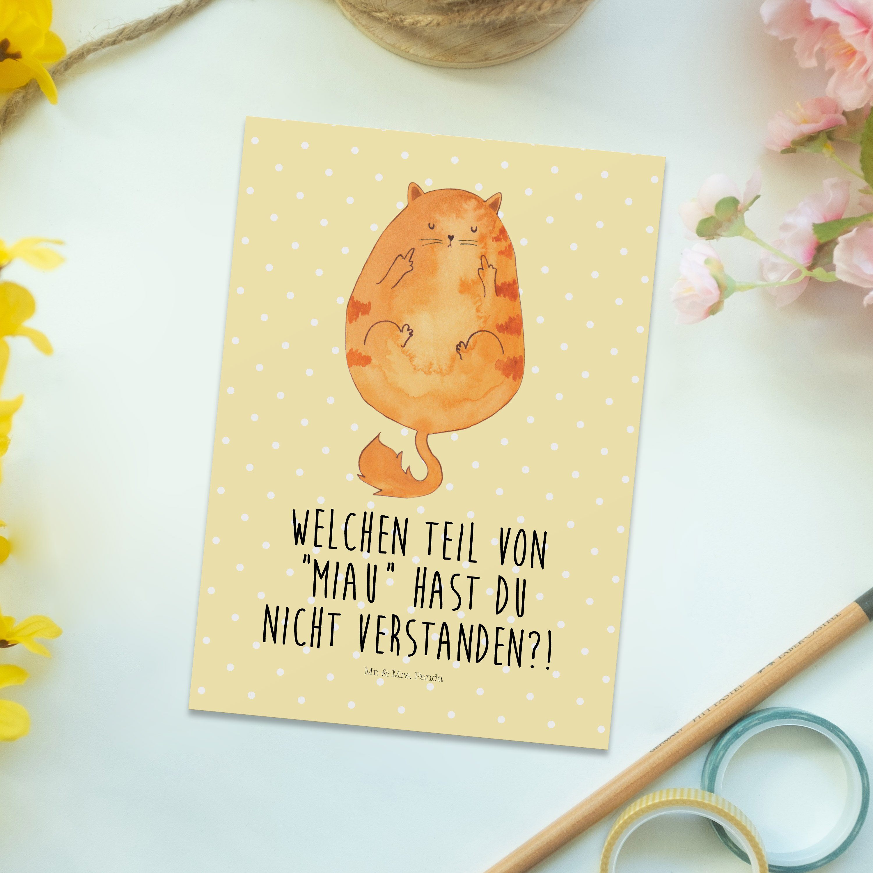 Panda Gelb Postkarte miau, Katze Cat, & Mietze, - Mrs. Mr. Katz Geschenk, Pastell - Mittelfinger