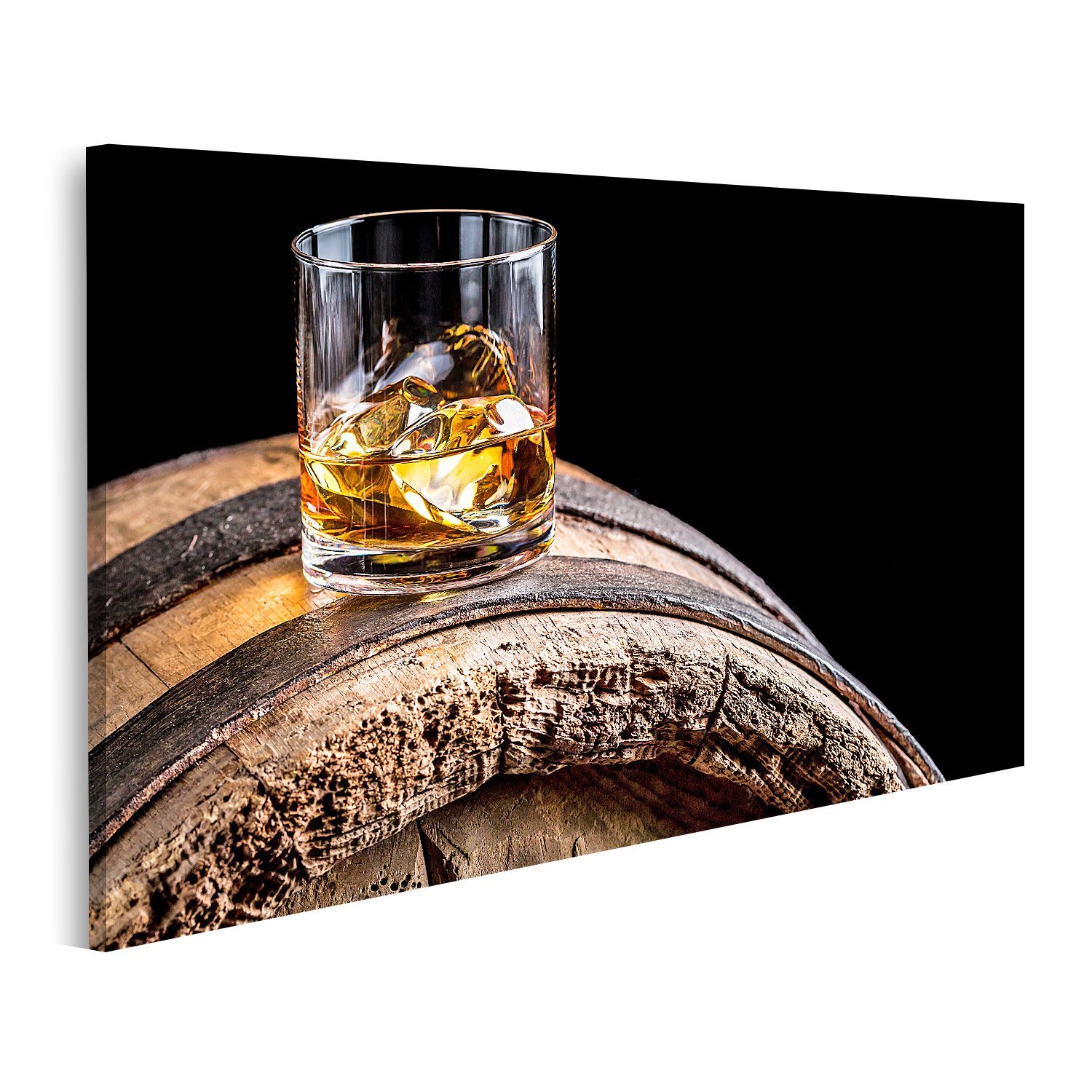 Leinwandbild Bild auf Leinwand Glas Whisky Mit Eis Auf Alten Holzfass Wandbild Lei