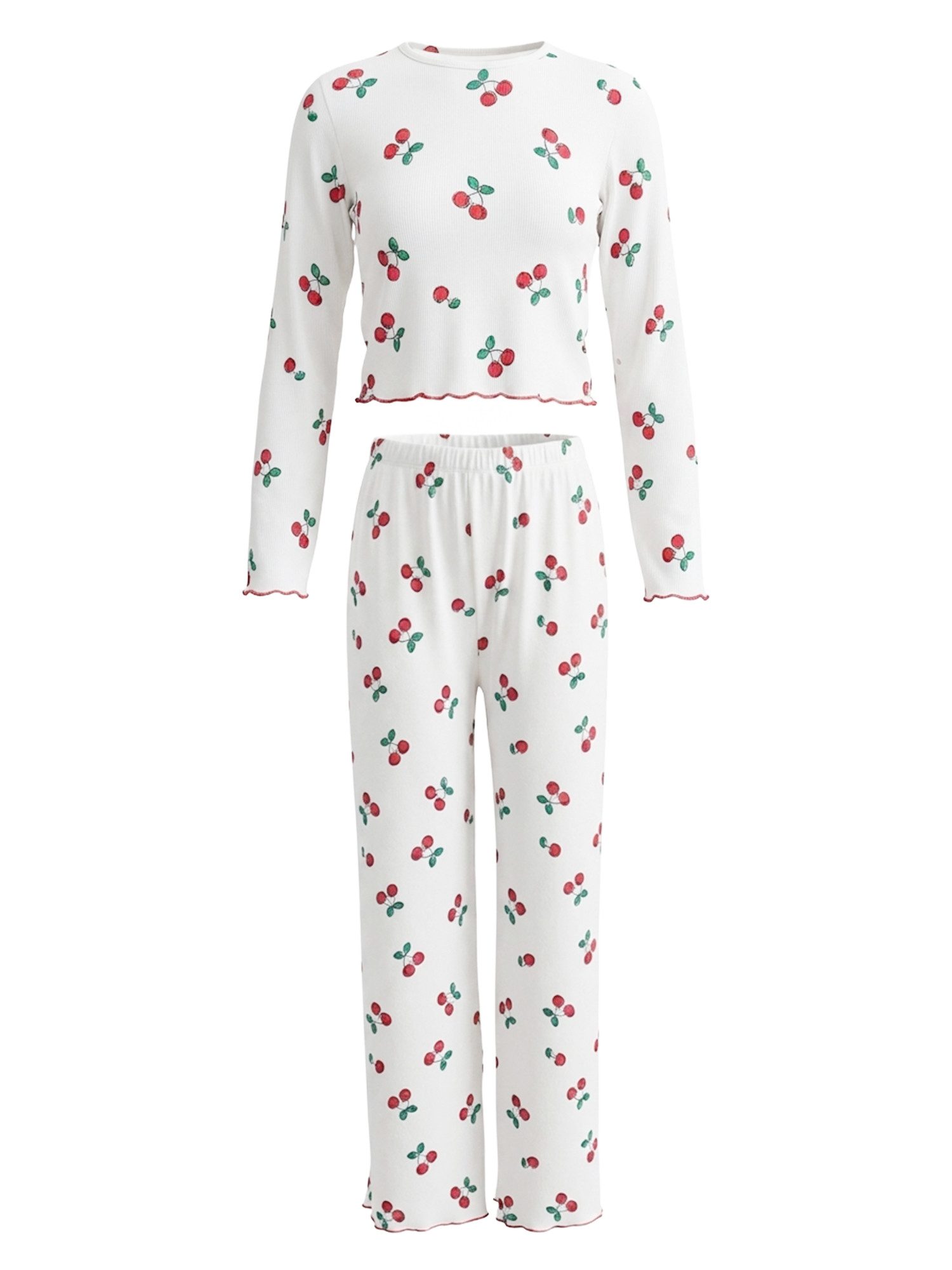 Imily Bela Hausanzug Damen Verspieltes Kirschmuster-Set (Set, 2 tlg., Kurzes Top mit Rundhalsausschnitt + Hochgeschnittene Weite Hose) mit Rundhalsausschnitt