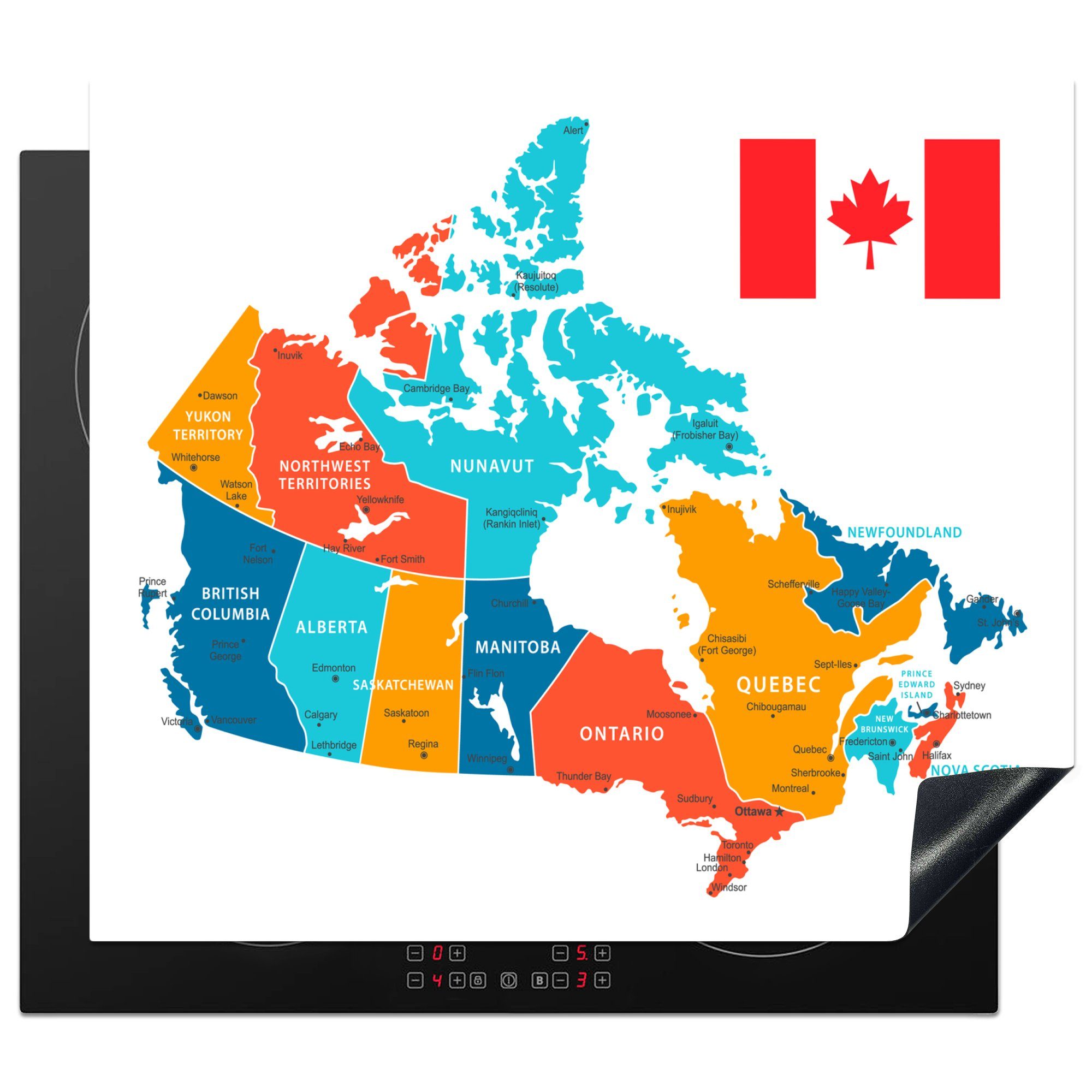 MuchoWow Herdblende-/Abdeckplatte Eine Illustration von Kanada mit farbigen Provinzen, Vinyl, (1 tlg), 60x52 cm, Mobile Arbeitsfläche nutzbar, Ceranfeldabdeckung