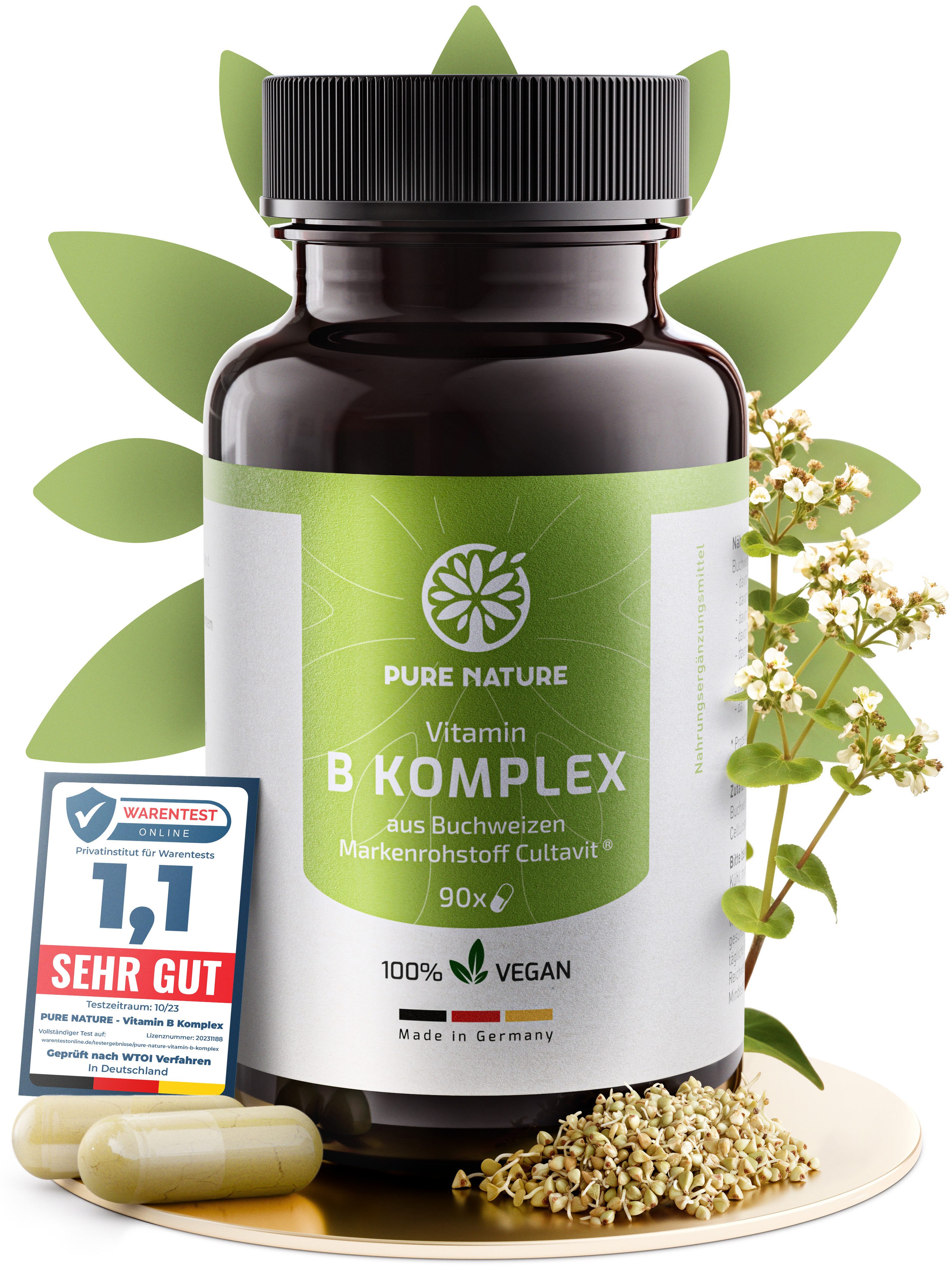Pure Nature Vitamin B-Komplex rein aus Buchweizen - 1000 mg - 90 Kapseln Kapseln, 53 g