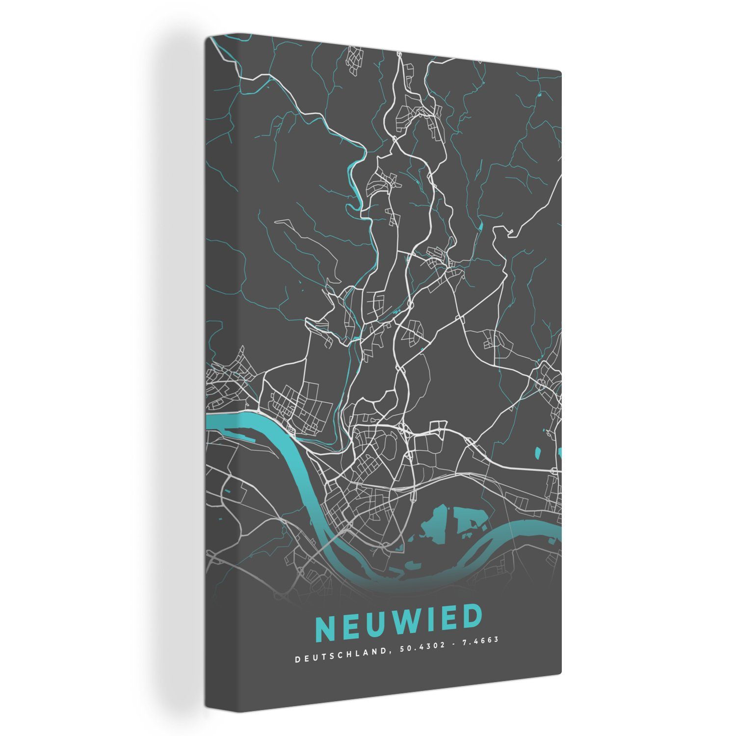 OneMillionCanvasses® Zackenaufhänger, fertig Karte Deutschland Leinwandbild Stadtplan - inkl. Blau St), bespannt cm (1 Leinwandbild - Gemälde, 20x30 Neuwied, - -