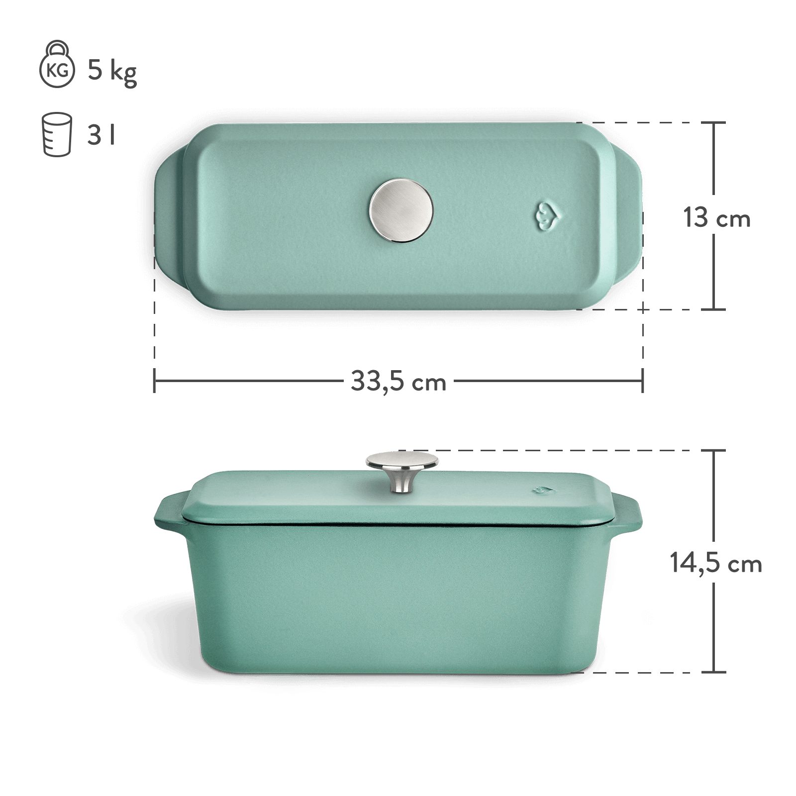 Springlane Kastenform Gusseisen mit Deckel, emailliert, in verschiedenen Farben, (1-tlg), Optimale Hitzeverteilung, robuster Gusseisen-Deckel, bis 250 °C