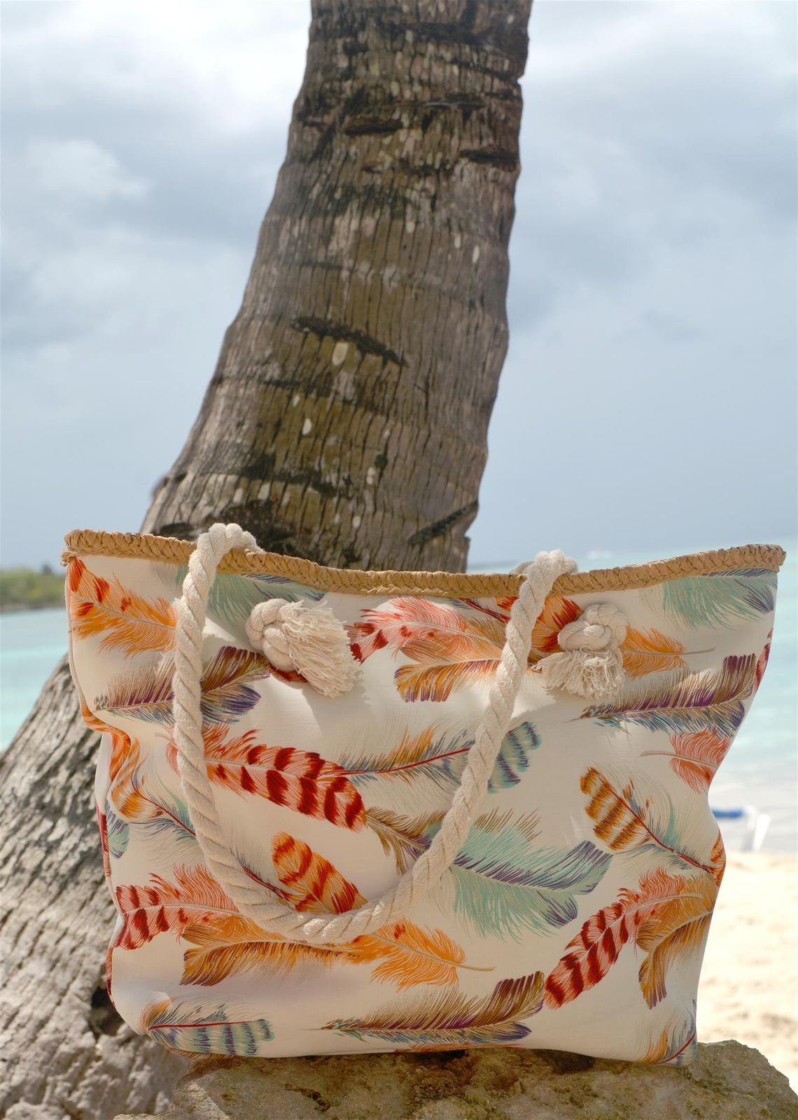 styleBREAKER Strandtasche (1-tlg), Strandtasche mit Creme-Beige Federn bunten