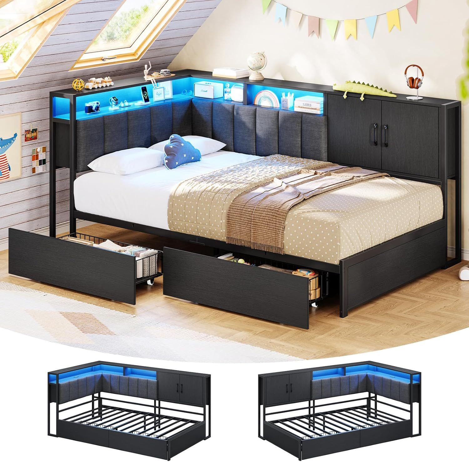 KIMENICH Polsterbett Schlafsofa mit LED-Beleuchtung, Jugendbett mit 2 Schubladen (1-tlg., Ohne Matratze), Kopfteil mit offenem Regal und Schrank, 90x190cm
