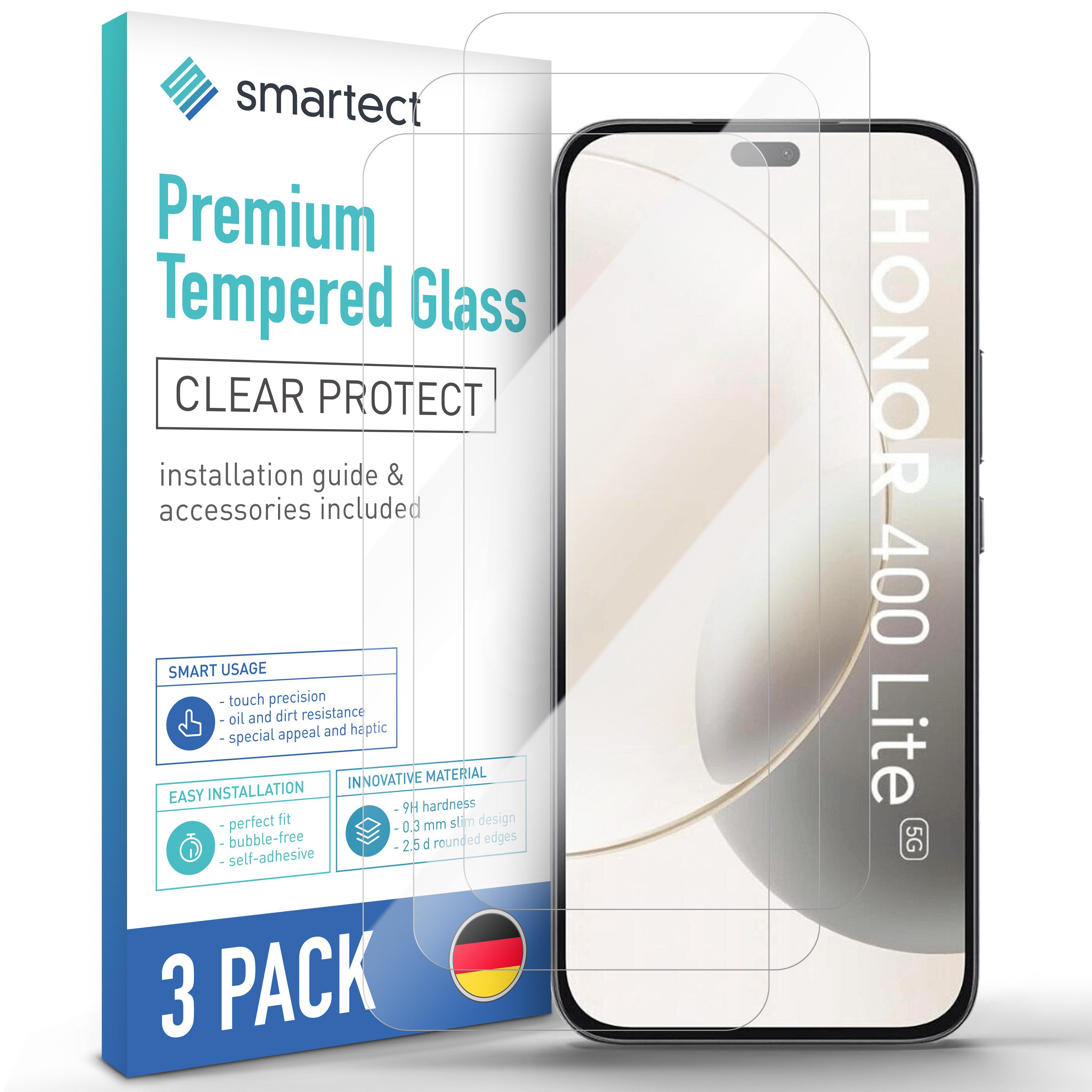 smartect Displayschutzglas 3X Schutzglas Panzerfolie Klar für Honor 400 Lite 5G für Honor 400 Lite 5G, Set, 3 Stück, 0.3 mm Ultra-klar, 9H Härte, Kratzfest, Stoßfest, Blasenfrei, Oleophob