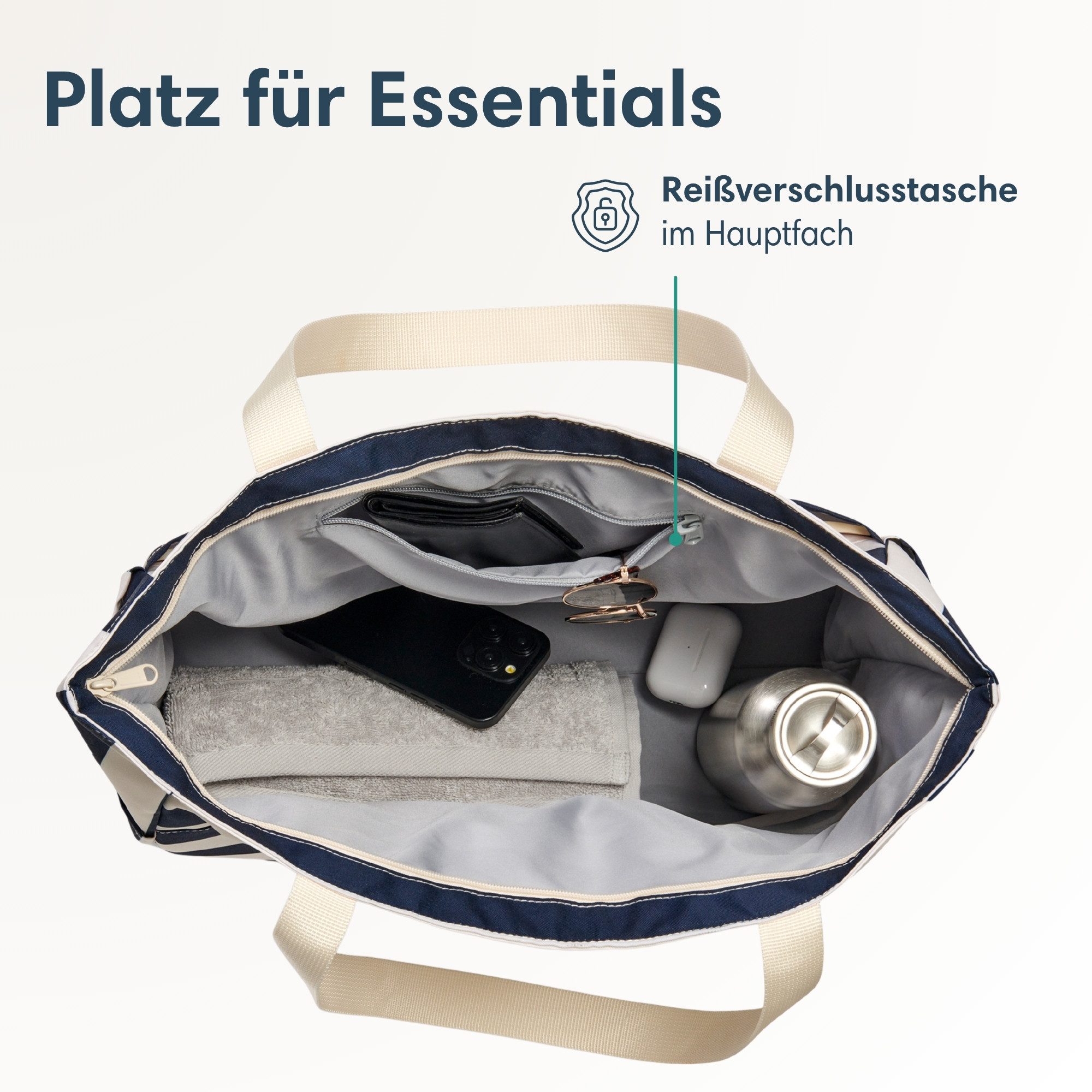LARKSON Strandtasche Linn Strandtasche mit Reißverschluss (1-tlg), Große Beach Bag für Strand und Urlaub, Wasserabweisend
