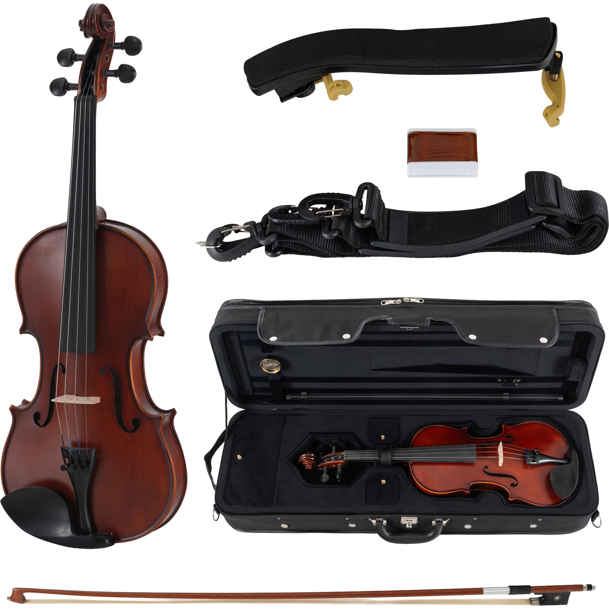 Classic Cantabile Violine Brioso Violinenset 4/4, Student-Set, Inkl. Leichtkoffer, Bogen, Schulterstütze und Kolofonium, Aus massivem Fichtenholz geschnitzte Decke
