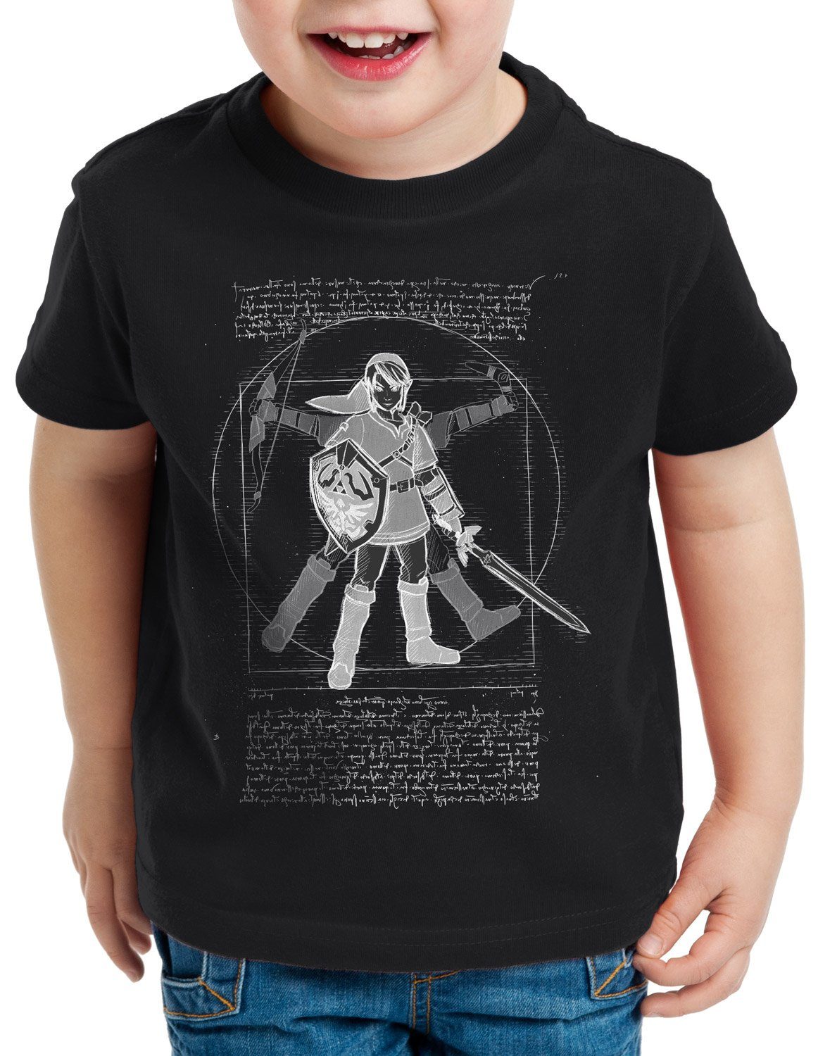 style3 Print-Shirt Kinder T-Shirt Vitruvianischer Link zelda snes nes legend ocarina schwarz