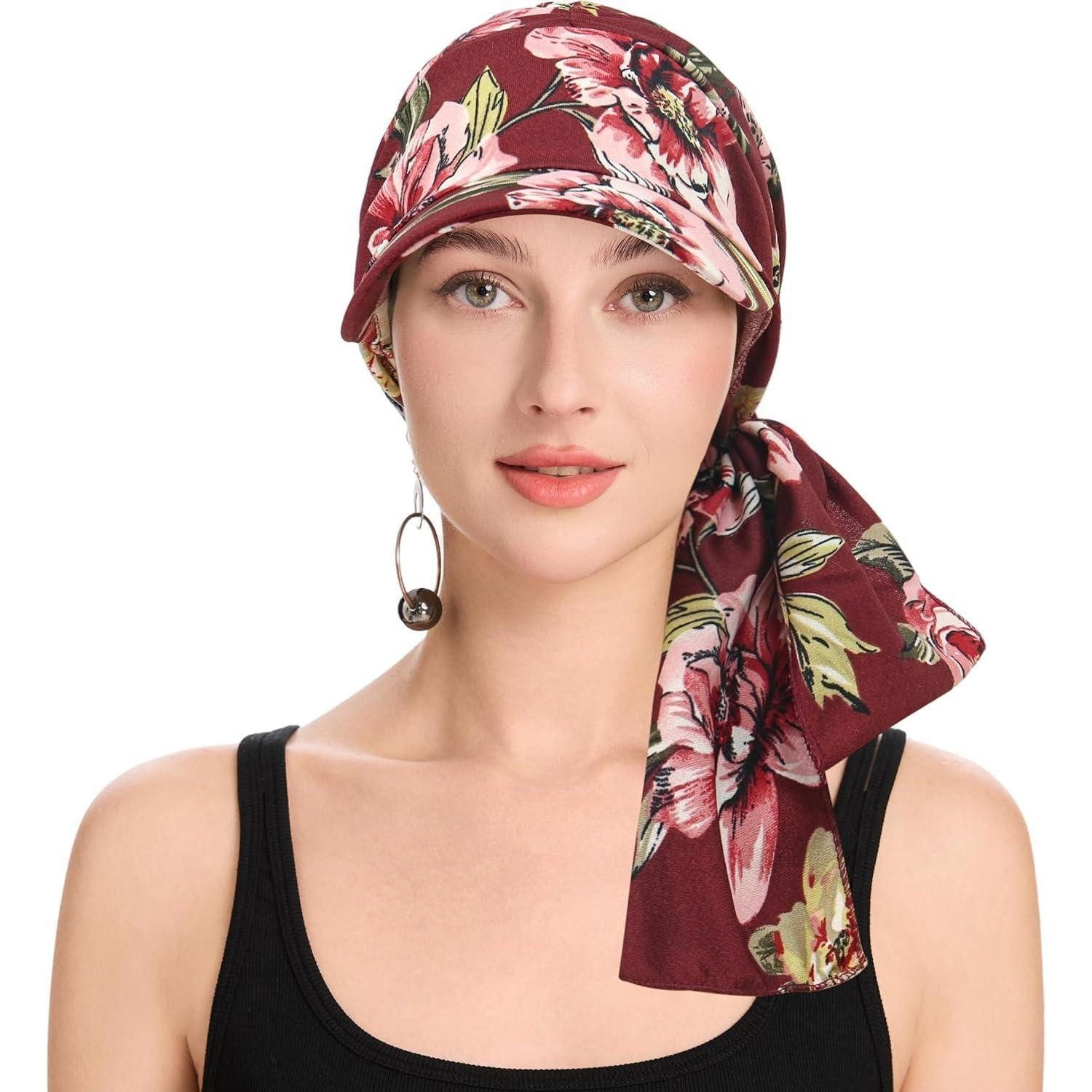 LuxusKollektion Turbanmütze Chemo Kopfbedeckung Damen Krempe Gebunden Blumenmuster Burgunderrot