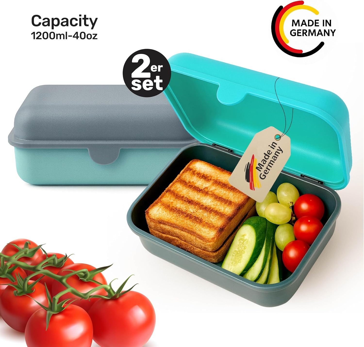 limenda Lunchbox 2er Brotdose Lunchbox Frühstücksbox Snackbox Kinder Erwachsene 1200 ml, (2er-Set, 2 Brotdosen mit austauschbaren Deckeln), BPA-frei, spülmaschinenfest, mikrowellengeeignet, Made in Germany