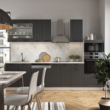 Livinity® Küchenzeile Fame-Line, Anthrazit Landhaus/Weiß, 300 cm mit Hochschrank, AP Marmor