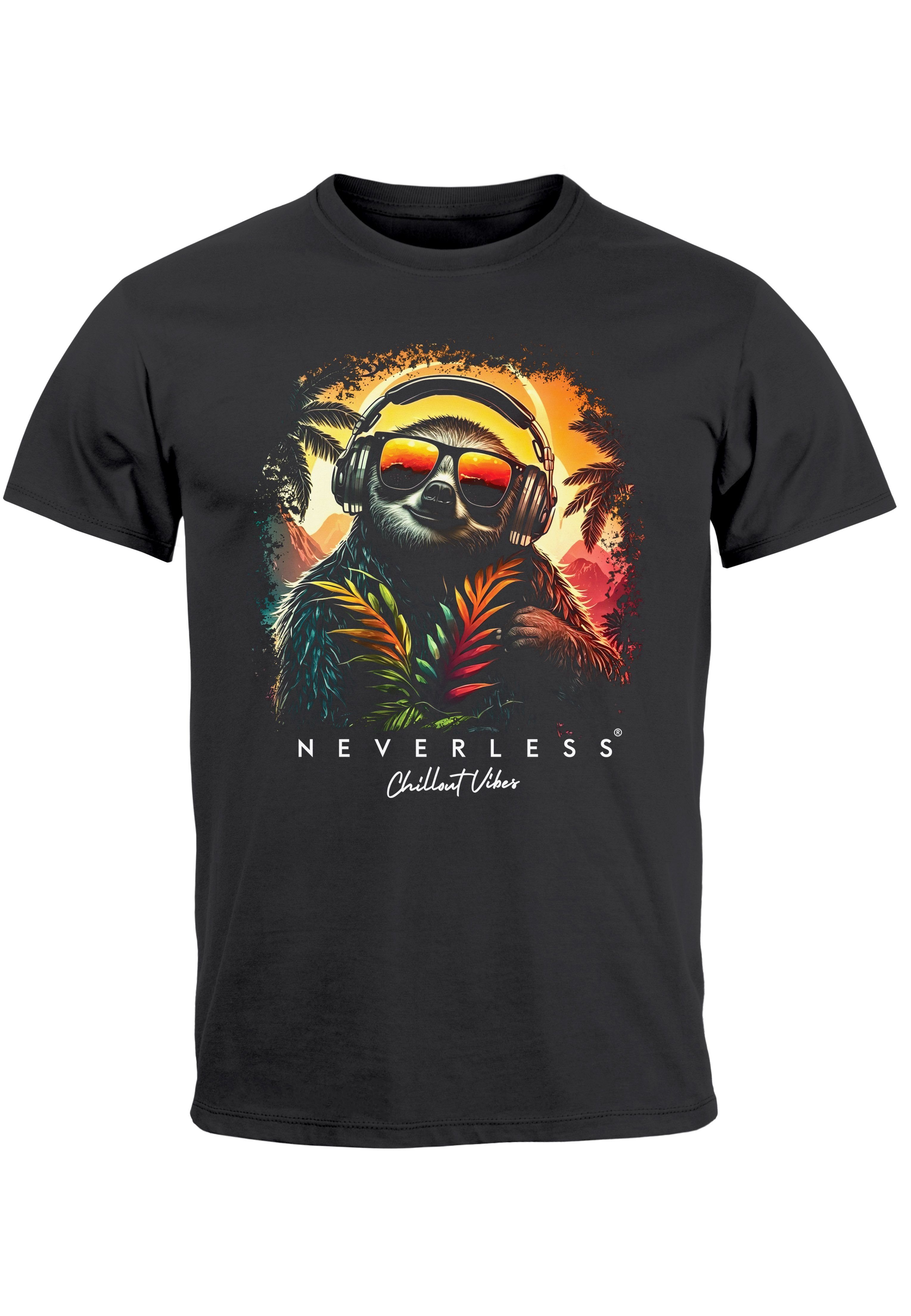 Neverless Print-Shirt Herren T-Shirt Musik DJ Chill Faultier Print Aufdruck Relax Sommer Fas mit Print anthrazit