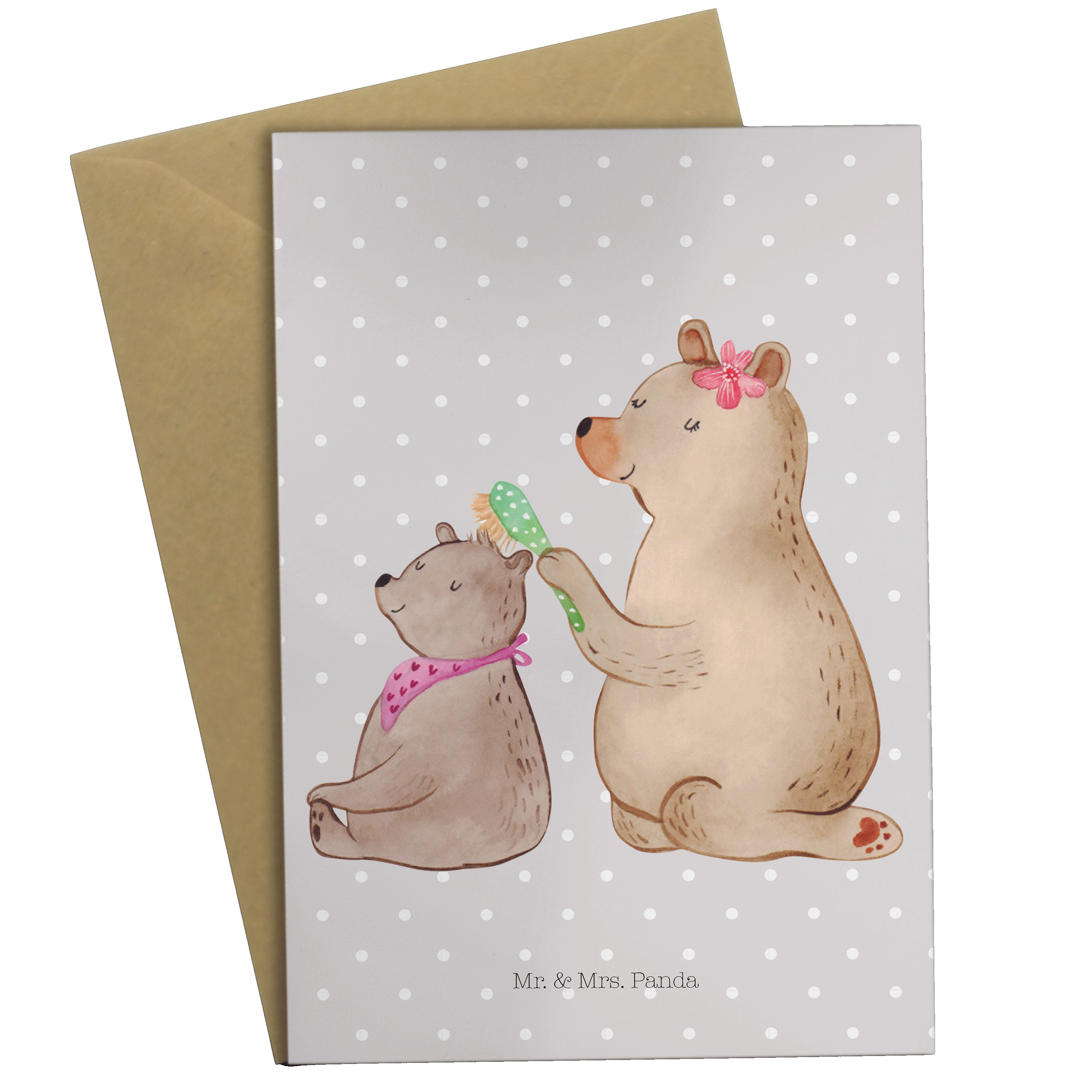 Mr. & Mrs. Panda Grußkarte Bär mit Kind - Grau Pastell - Geschenk, Schwester, Mama, Klappkarte