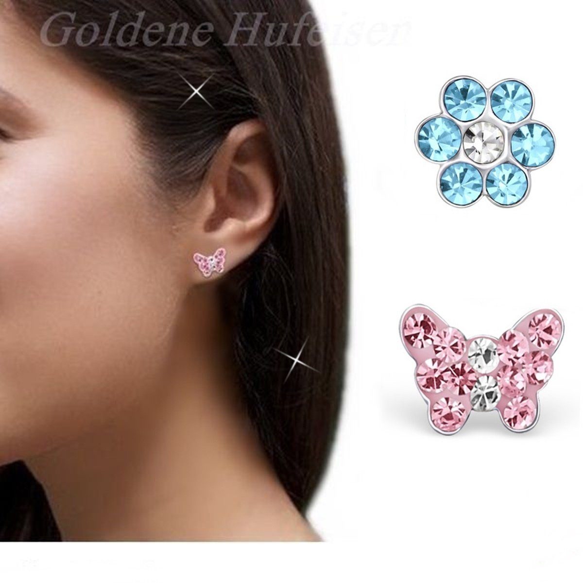 Goldene Hufeisen Ohrstecker-Set Ohrringe Kinder Schmetterling Kristall Blume 925 Silber Rosa (2 Paar, inkl. Etui), 925 Silber (Sterlingsilber), Hypoallergen – Bild 2 von 3