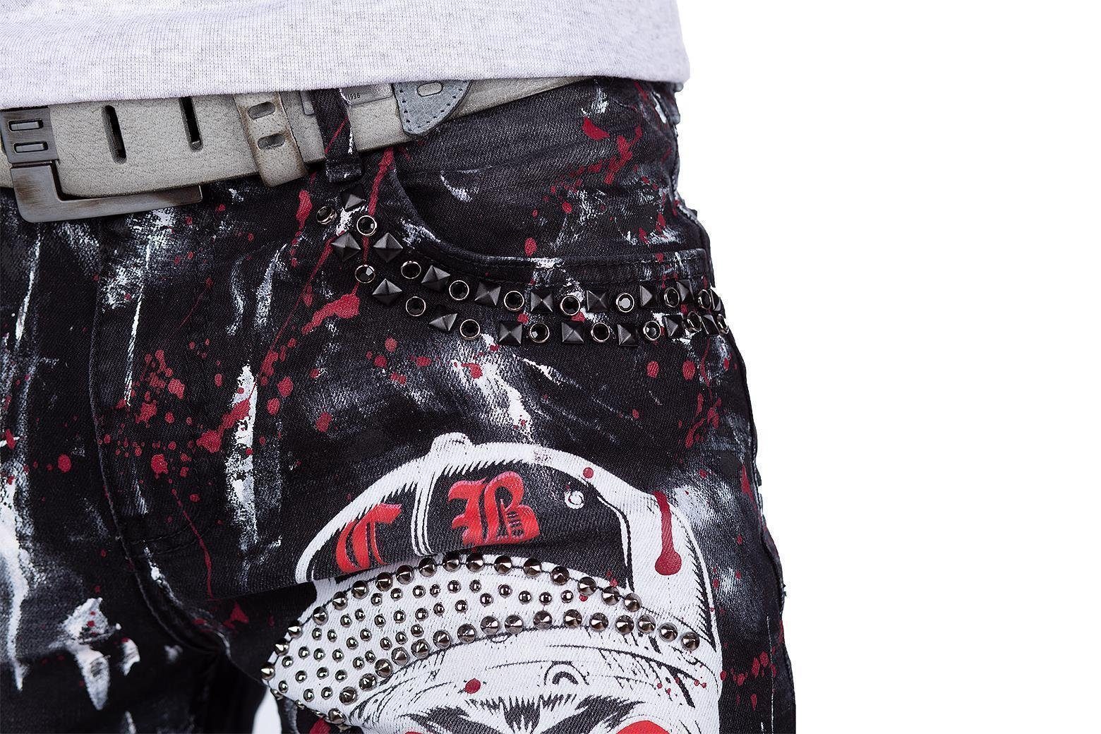 Cipo & Baxx 5-Pocket-Jeans Herren straight fit Hose Denim BA-CD700 (1-tlg) mit Nieten, Graffitis, Totenkopf-Verzierung