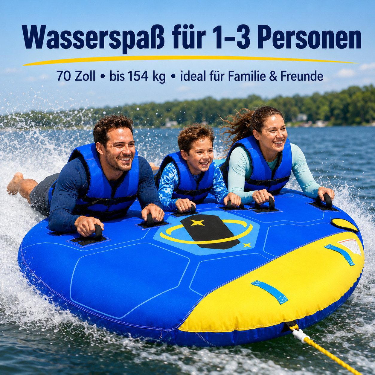 MaxKare Wellenreiter Maxkare, (Wassersport-Reifen, für 1–3 Personen, Ø 178 cm, bis 154 kg, 6 EVA-Griffe), PVC-Innenschlauch, Nylonbezug, vorderer Zugpunkt, faltbar