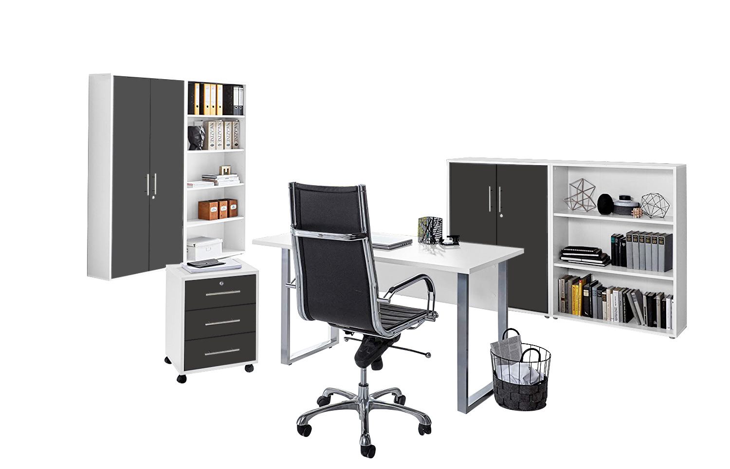 moebel-dich-auf Büromöbel-Set TABOR Set 1, (abschließbar, 6-tlg., Schreibtisch mit Rollcontainer + 2 Aktenschränke + 2 Aktenregale), mit Edelstahlgriffen & lackierten Fronten, MADE IN GERMANY