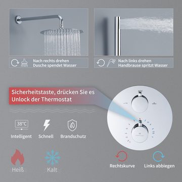 HOMELODY Duschsystem Dusche mit Handbrause und Kopfbrause, 38 °C Thermostat, 2 Strahlart(en), Regendusche 12-Zoll runde Kopfbrause,Chrom,Messing