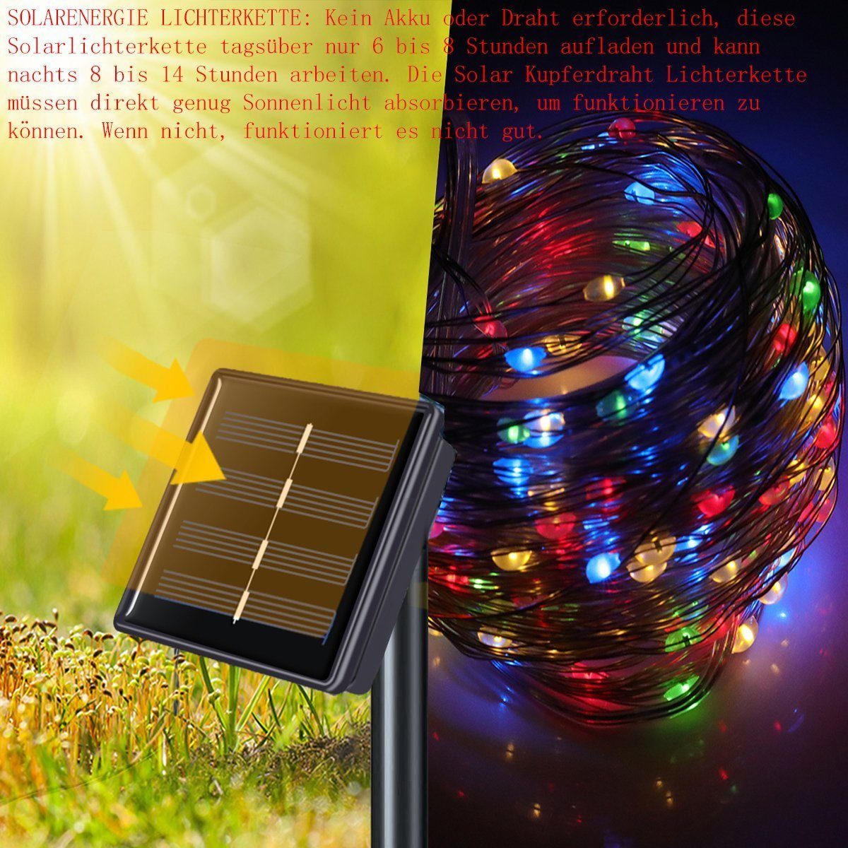Solarleuchte IP65, Lichtschnur iscooter 10/20 Mehrfarbig-20m 100/200 Dämmerungssensor Erdspieß, Kupferdraht, 200LED meter inkl. LEDs Solar-Lichterketten, LED-Lichterkette Sensor,