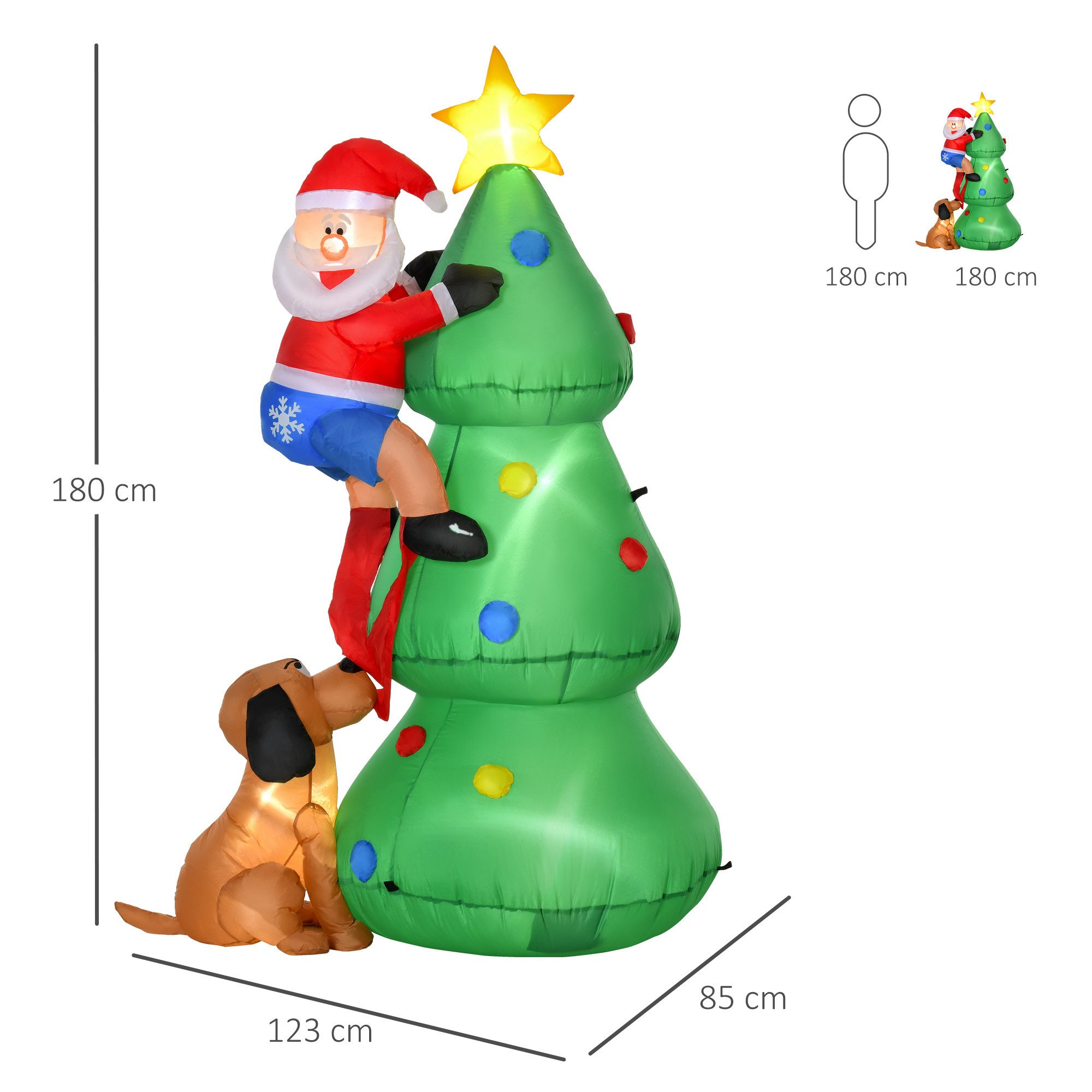 HOMCOM Weihnachtsfigur Aufblasbarer Weihnachtsbaum mit Weihnachtsmann und Hund (Selbstaufblasend, 1 St., Weihnachtsbeleuchtung), Grün 123 x 85 x 180 cm