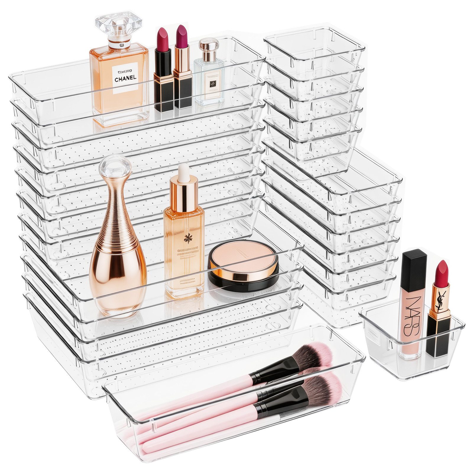 BlingBin Organizer 24 Stück Schubladen-Organizer,Schminktisch Organizer mit 4 Größen (24 Stück, 24 St., Schubladenaufbewahrung aus Kunststoff, transparent), für Badezimmer, Schminktisch, Küche, Büro, Schreibwaren, Kosmetik
