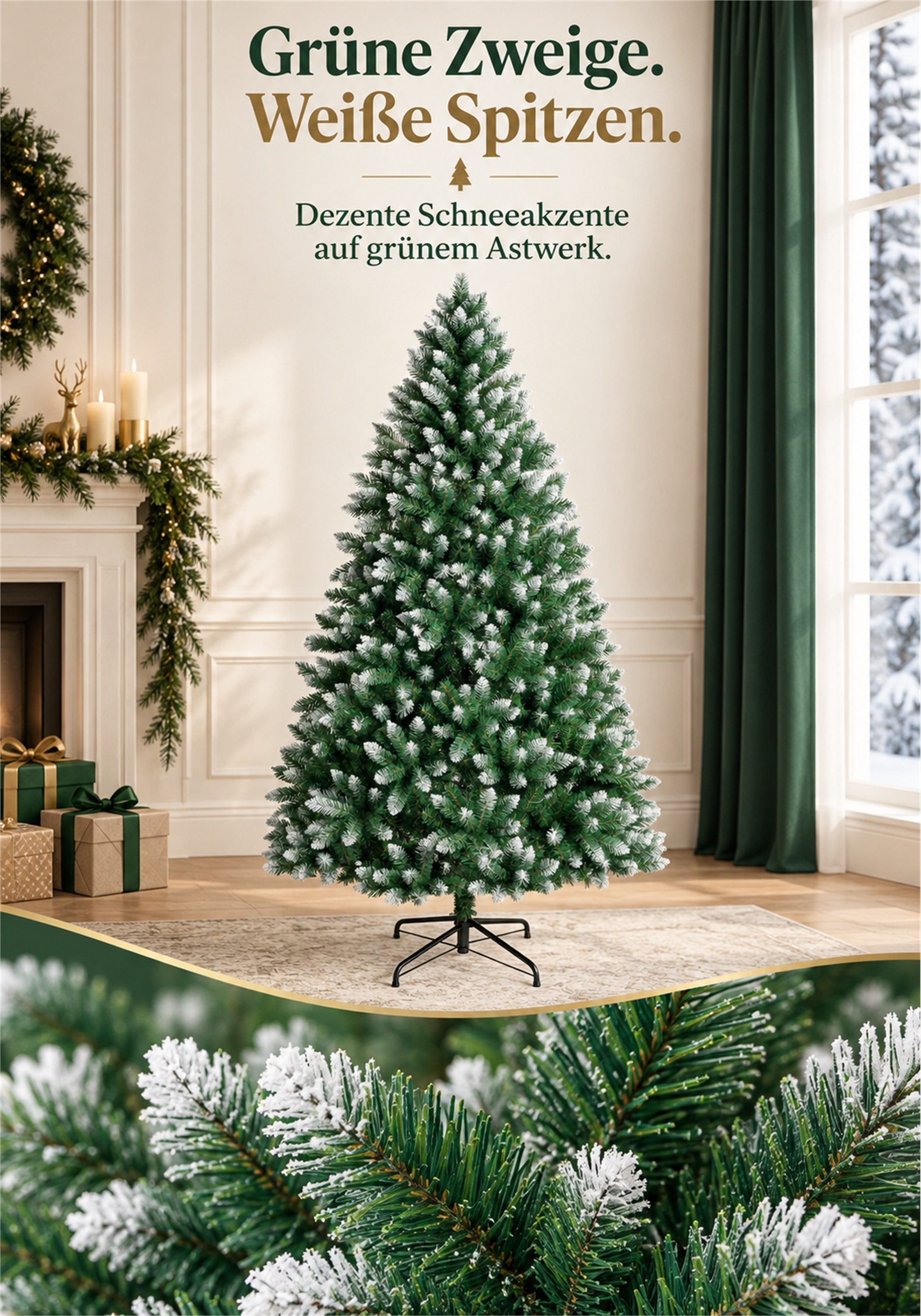 Vankel Künstlicher Weihnachtsbaum mit weißen Zweigspitzen, Schnee-Effekt, Tannenbaum mit Metallständer, Grüner Tannenbaum mit dezenten Schneeakzenten und einem  – Bild 3 von 5