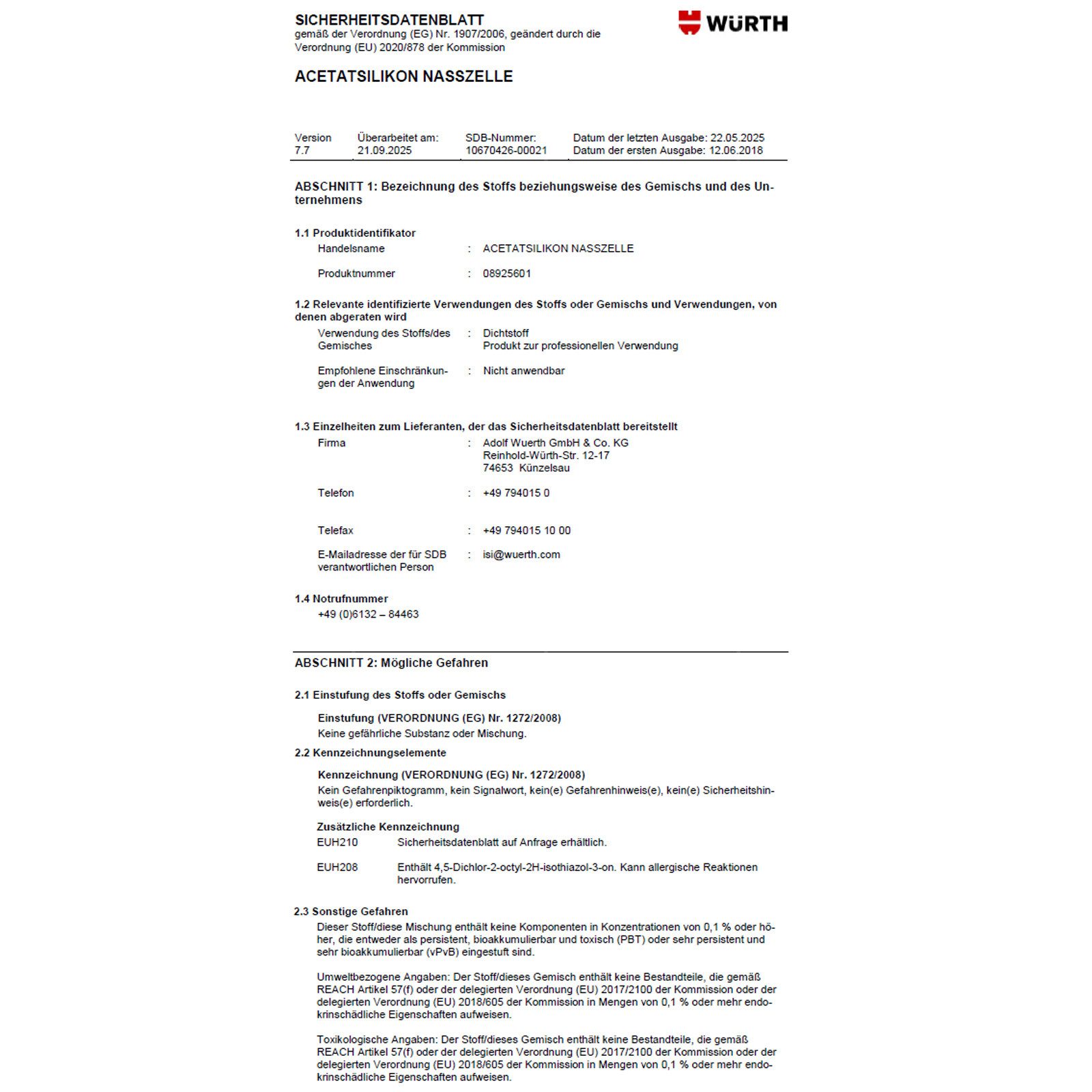 Würth Silikon ACETAT-SILIKON NASSZELLE - 0.31 LTR