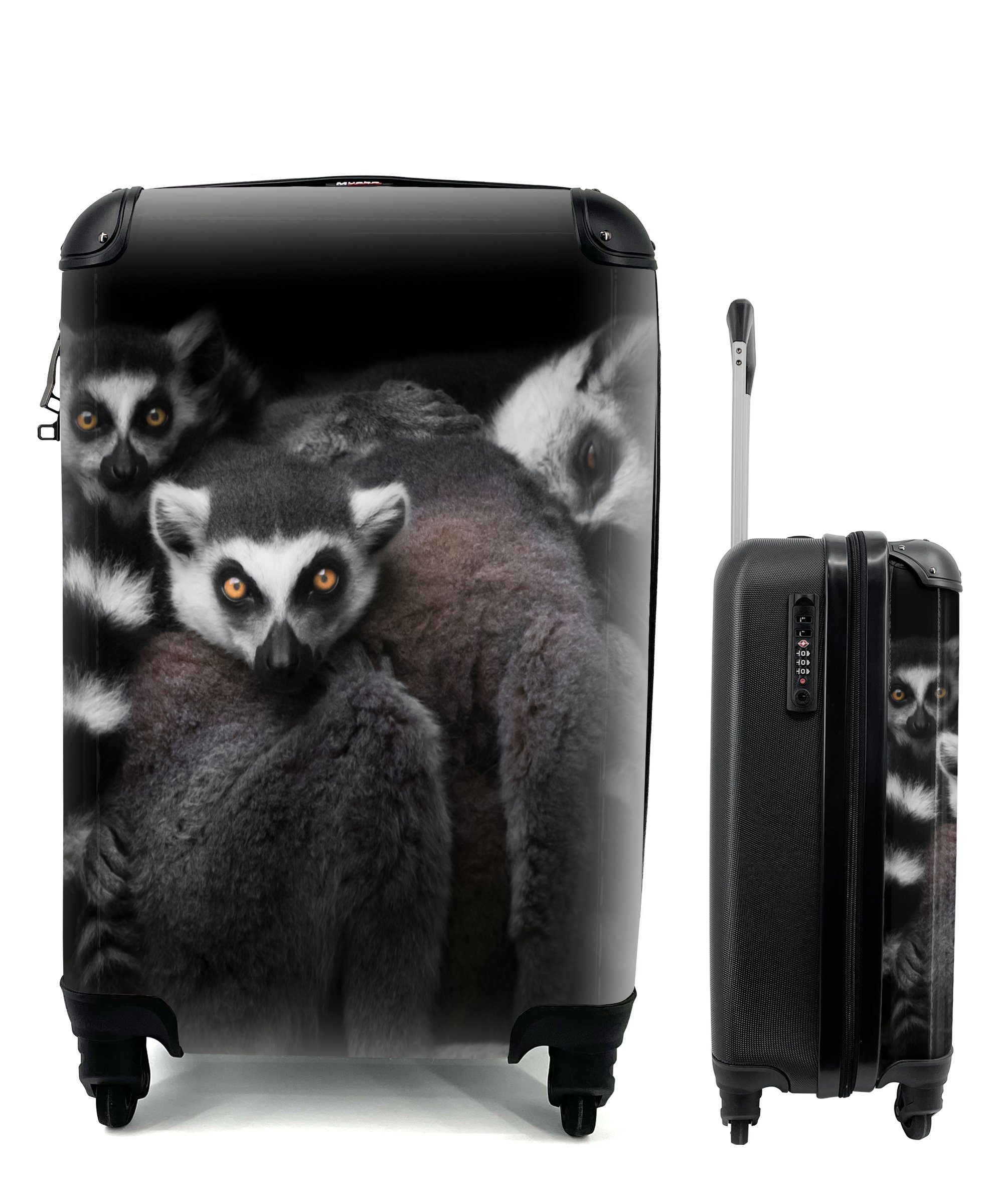 MuchoWow Handgepäckkoffer Tiere - Lemur - Schwarz - Weiß - Porträt, 4 Rollen, Reisetasche mit rollen, Handgepäck für Ferien, Trolley, Reisekoffer